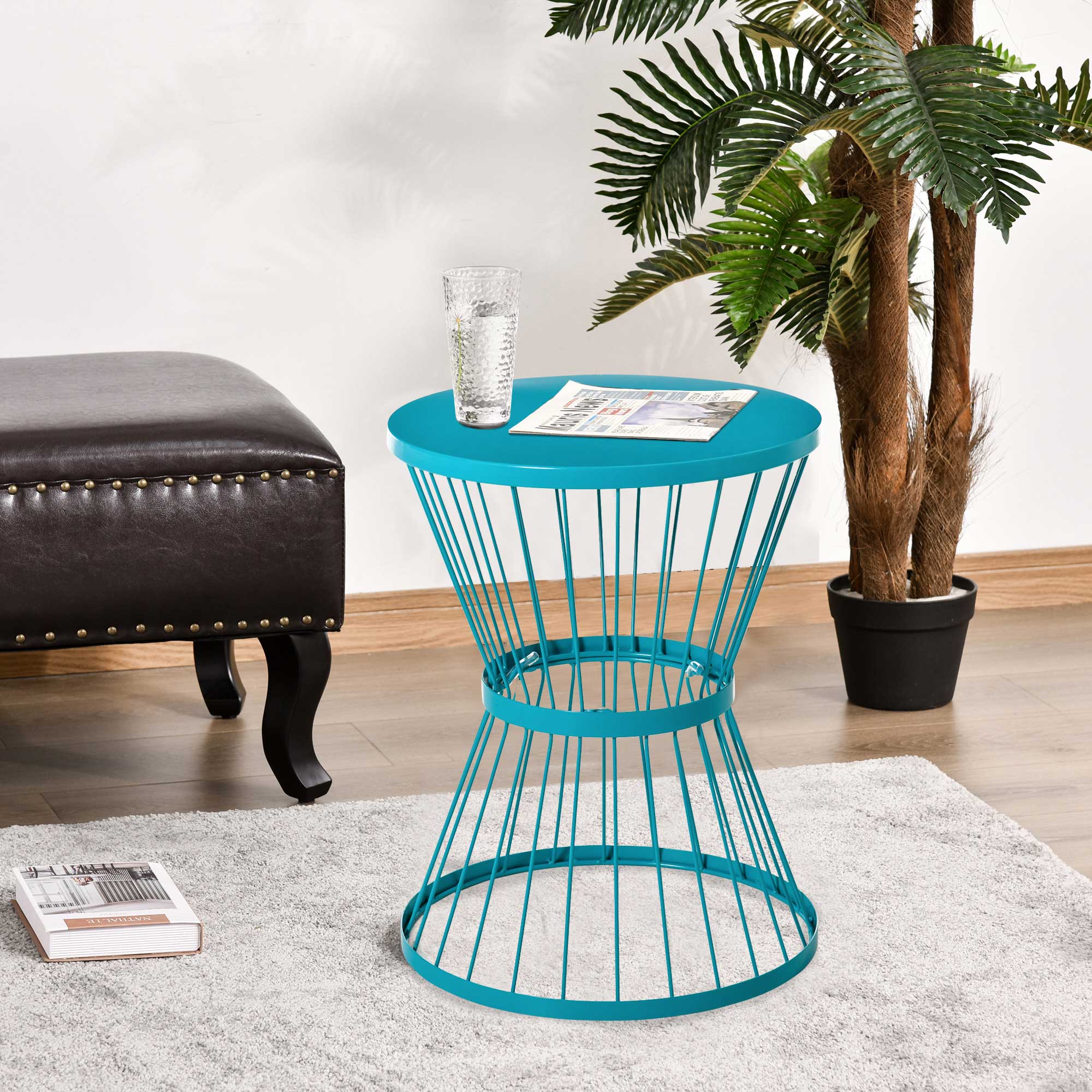 16" Steel Patio Side Table, Garden End Table with Hourglass Design, Accent Table for Outdoor and Indoor Use, Blue - Image 3
