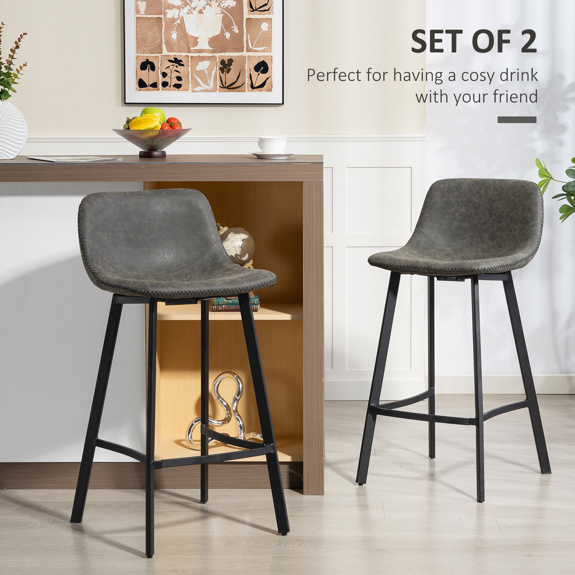 Bar Stools Set Of 2, PU Leather Dining With Backrest, Footrest, For Kitchen — image 4