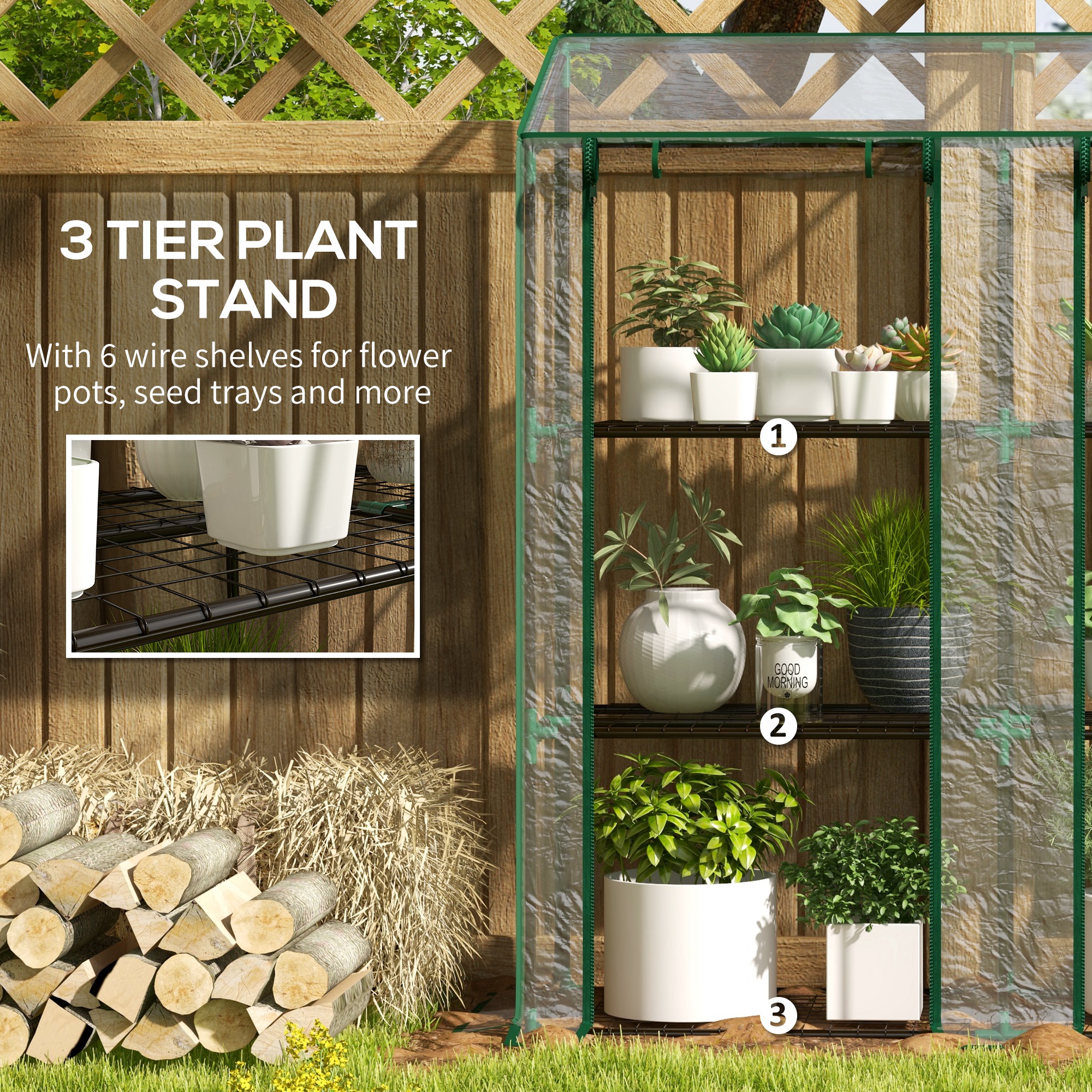 Lean-to Greenhouse, Portable Greenhouse with 3 Tier Shelves, 2 Roll-Up Zippered Doors, 56.3" x 18.1" x… image 4