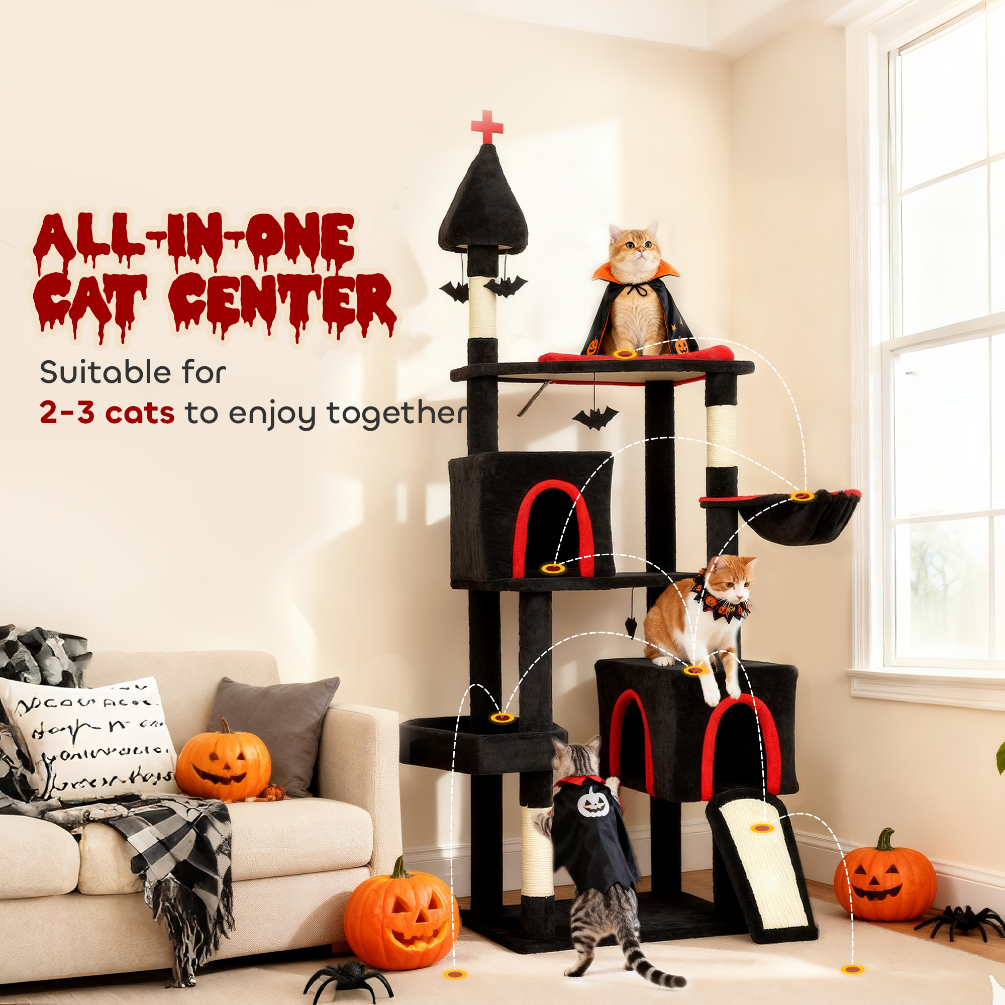  78" Gothic Cat Tree, Cat Tower with Coffin Bed, 2 Spacious Condos, Sisal Scratching Posts, Bat Hanging Balls, Halloween