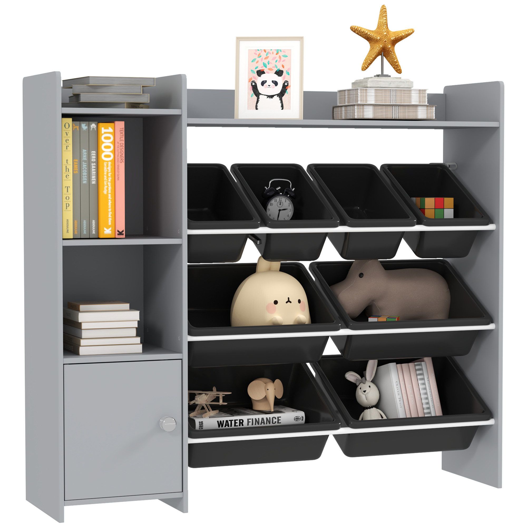 Grey toy storage unit with eight removable plastic bins on three tiers