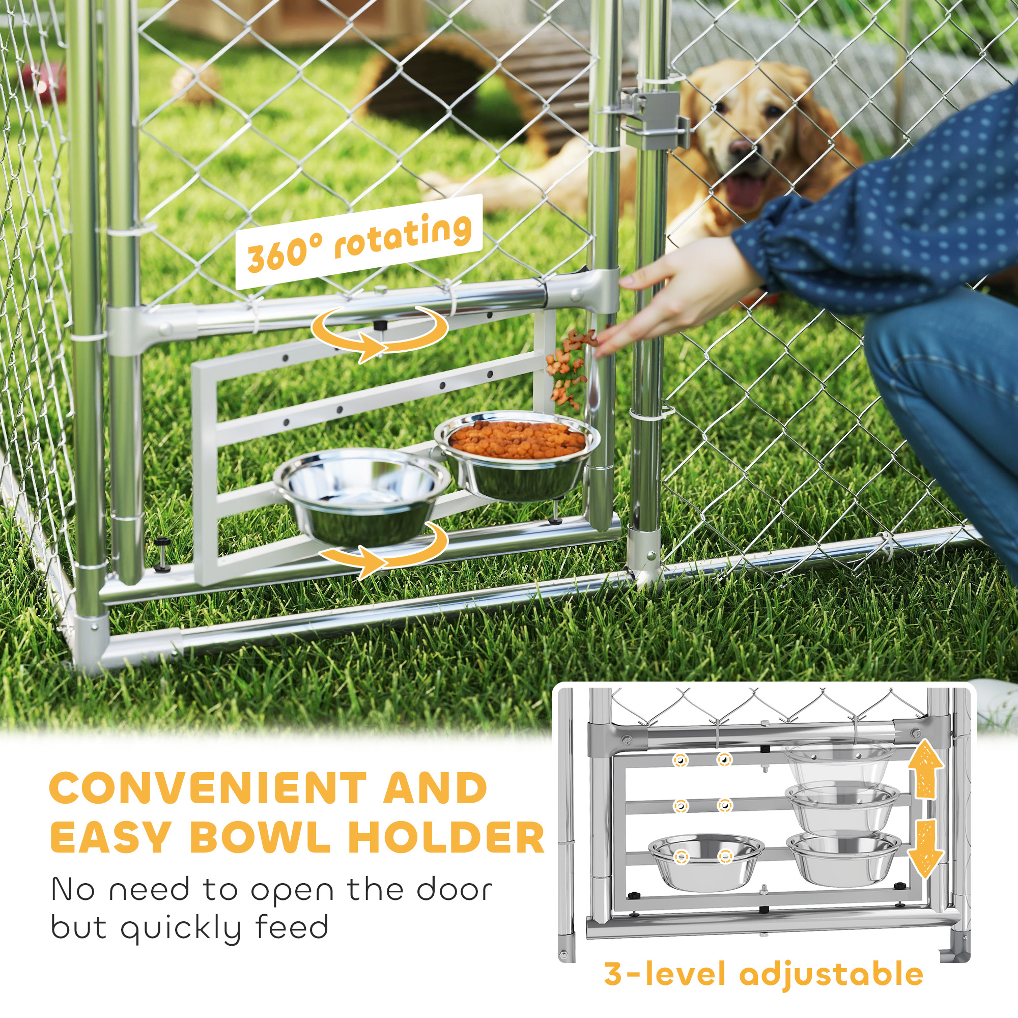  Outdoor Dog Kennel with Adjustable & Rotatable Bowl Rack, Waterproof Cover, Secure Lock, 19.7' x 7.5' x 5.2'