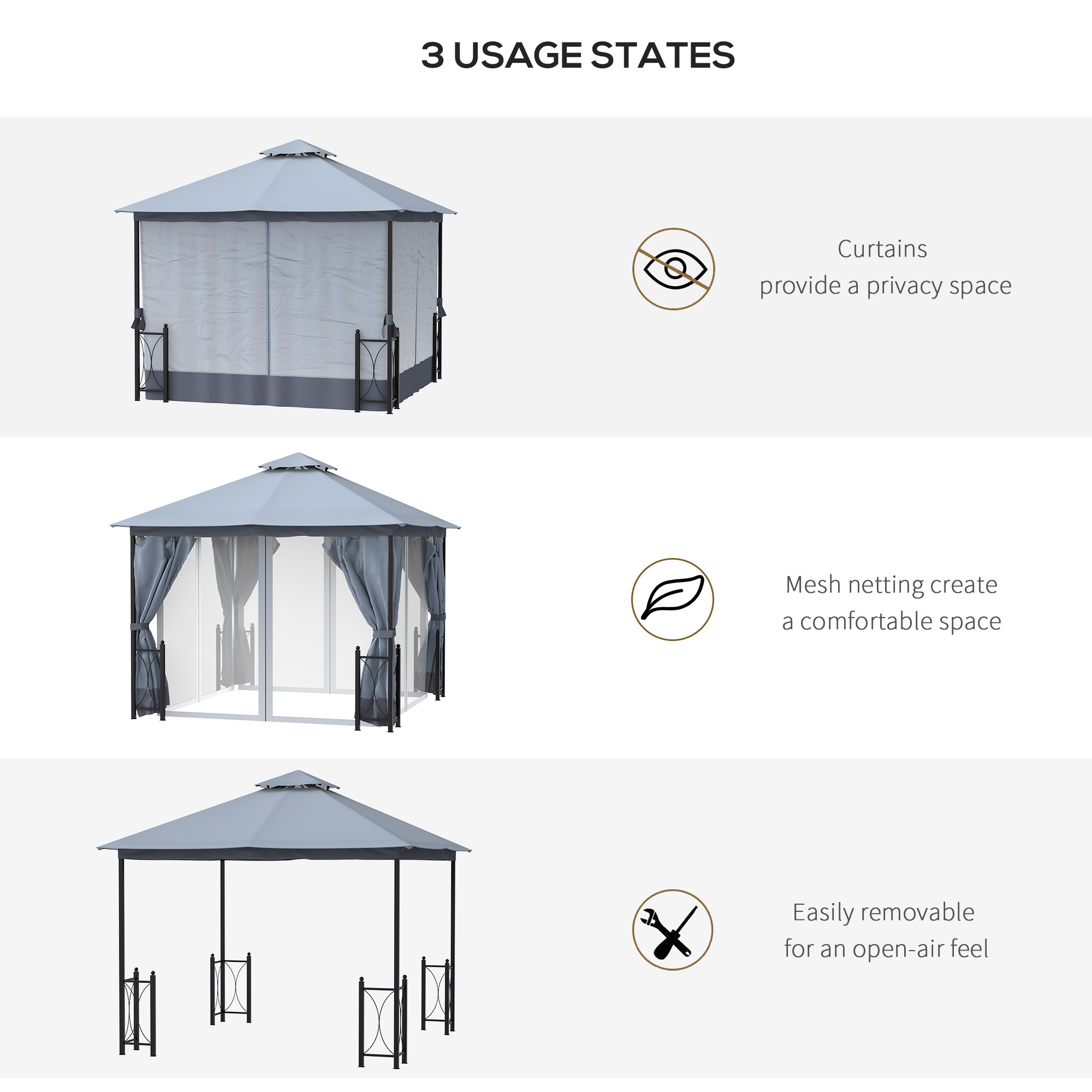 13×11 Gazebo with Sides, with Curtains, Removable Netting, Double Vented Roof, 8 Drainage holes, Aluminum Frame and Hooks, for Garden, Backyard, Patio, Gray
