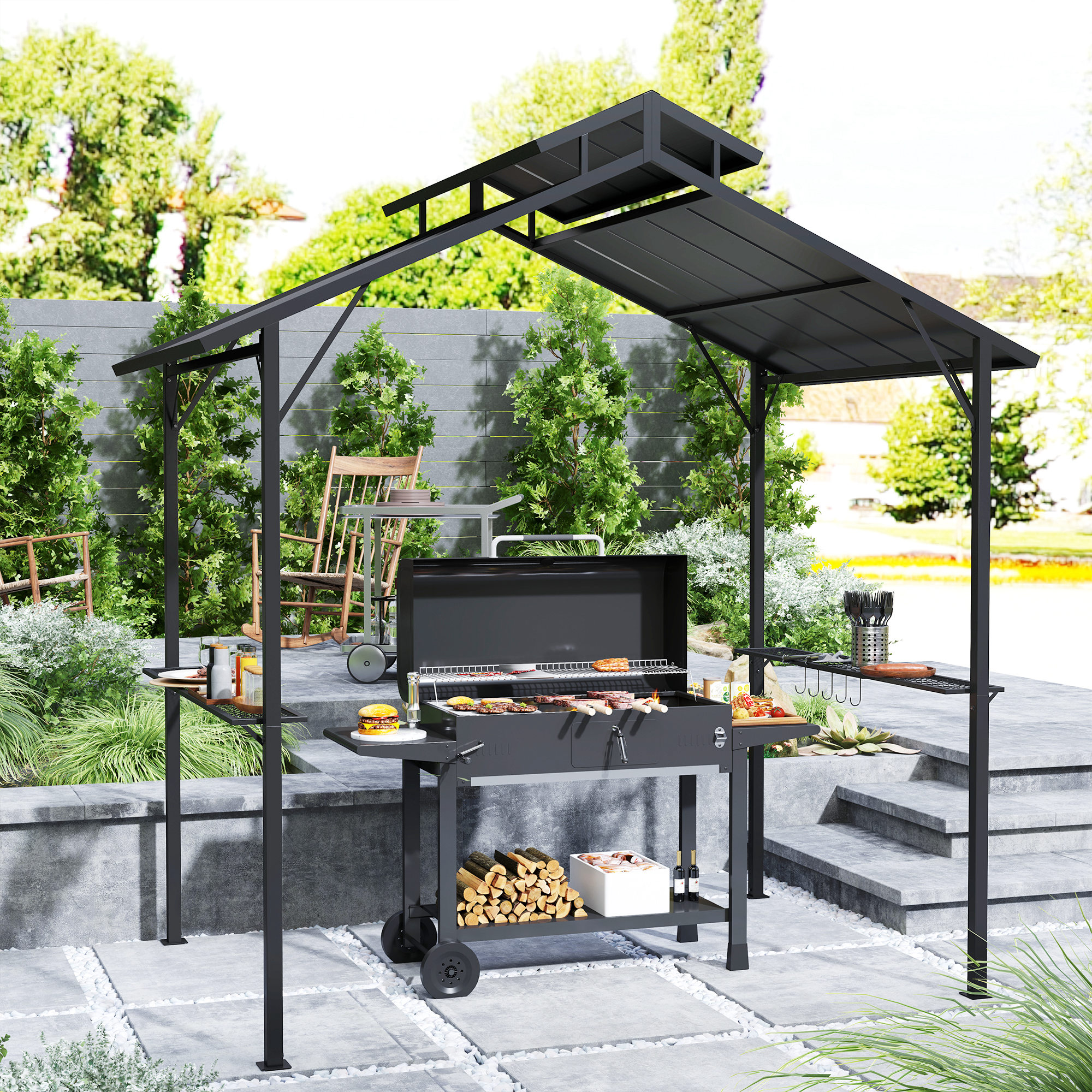 8 x 5ft Hardtop Grill Gazebo with Double Metal Roof, 2 Side Shelves and 10 Hooks for Patio Backyard Lawn Deck