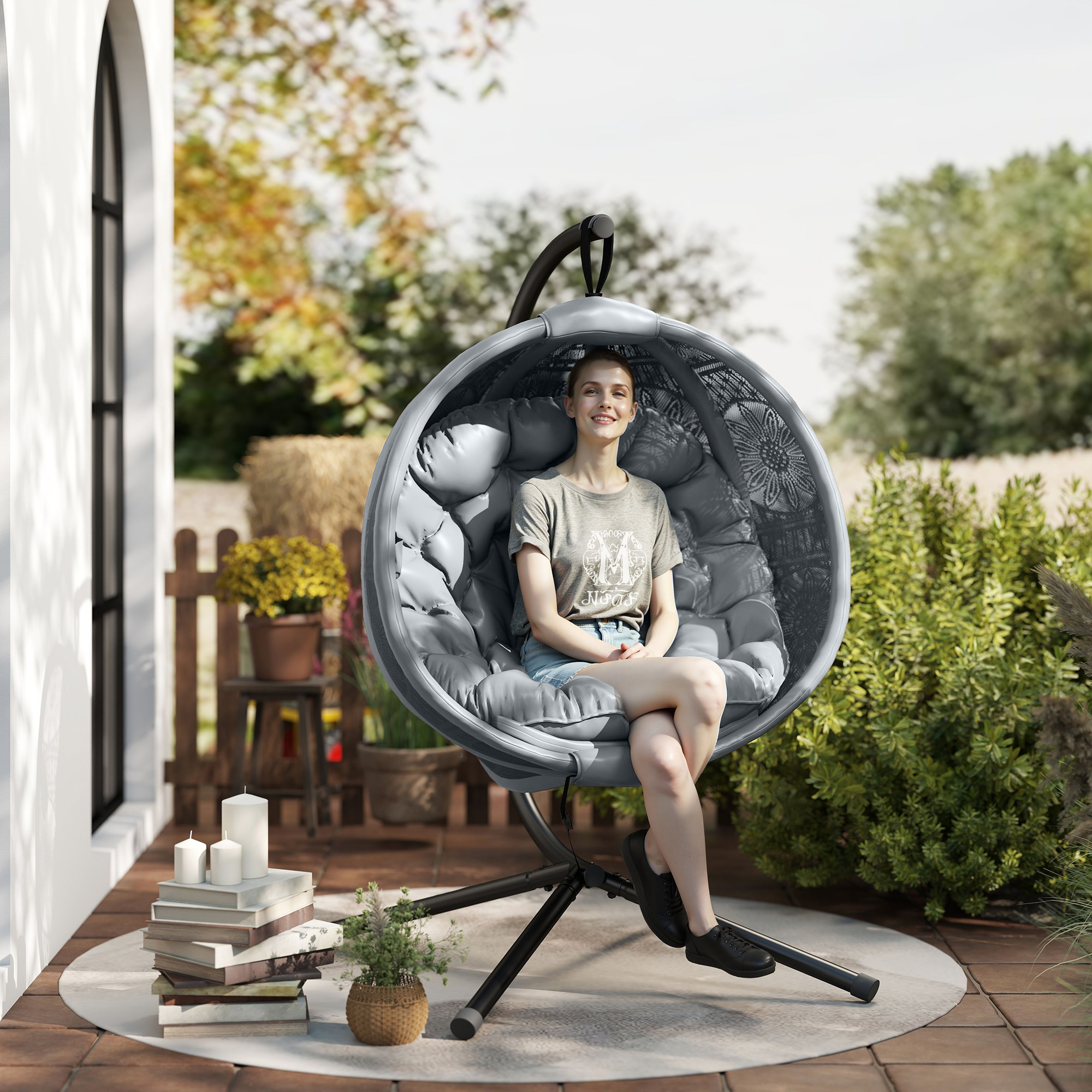 Round Egg Basket Chair, With Steel Stand, Charcoal Grey — image 4