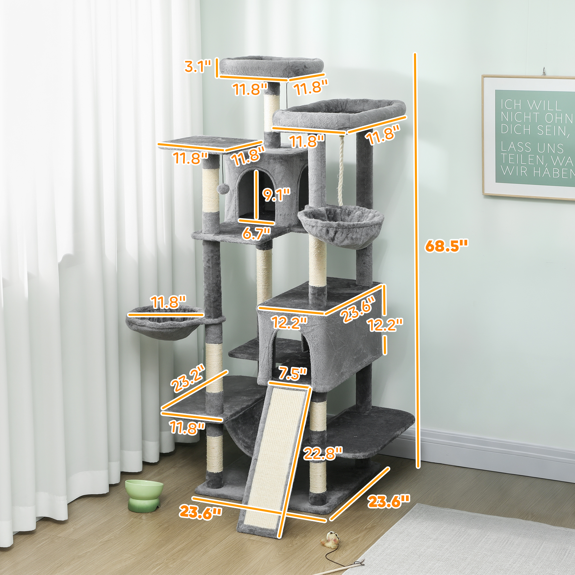  69" Cat Tree, Multi-Level Cat Tower with 2 Condos and 3 Hammocks, 8 Scratching Posts, for Multiple Cats, Dark Gray