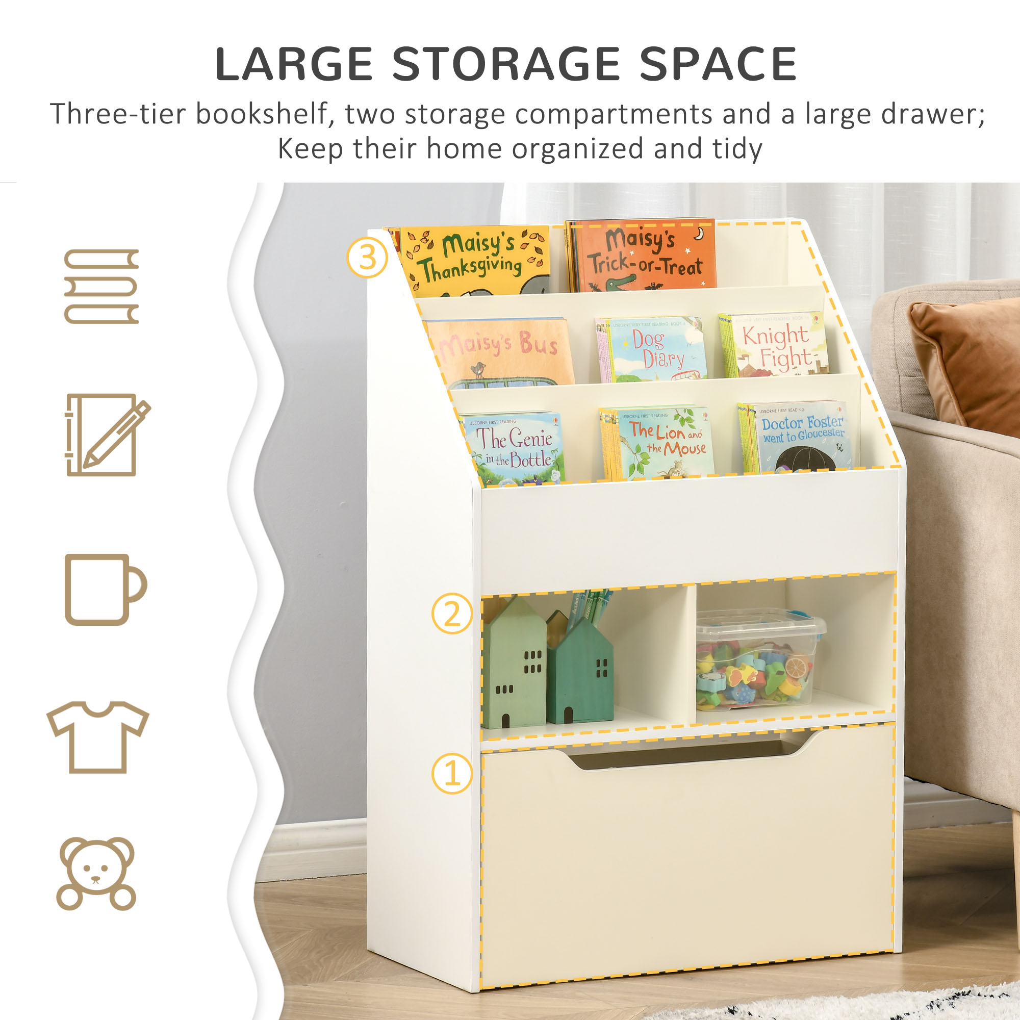  Kids Bookcase Multi-Shelf Book Rack with Mobile Drawer for Books, Toys, White
