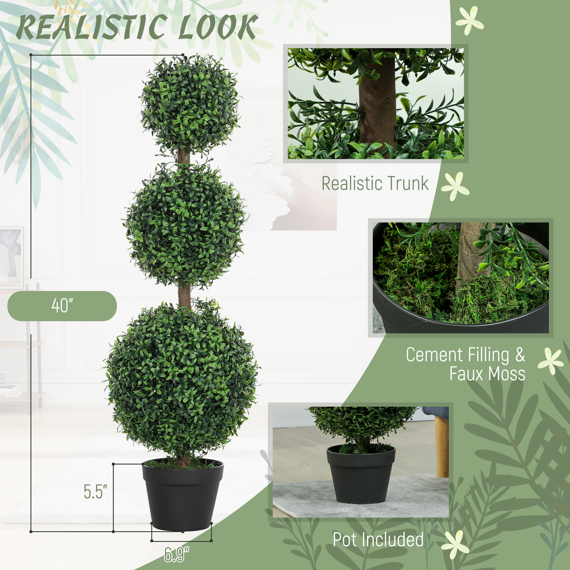Set of 2 Artificial Ball Boxwood Topiary Trees, Fake Plants in Pot for Indoor Outdoor Living Room Green image 3