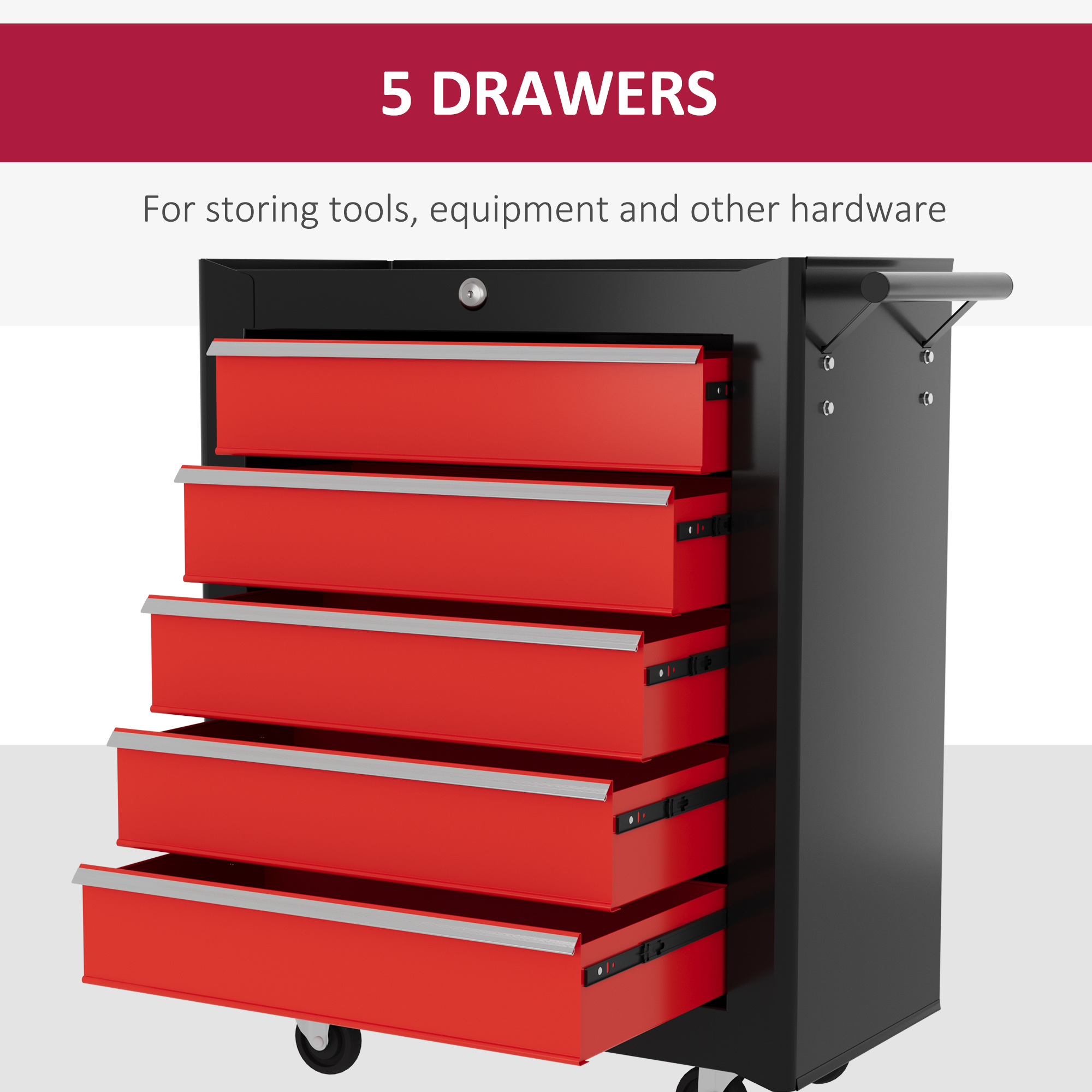 5-Drawer Tool Chest With Wheels, Steel Lockable Storage Cabinet Handle, 2 Keys — image 4