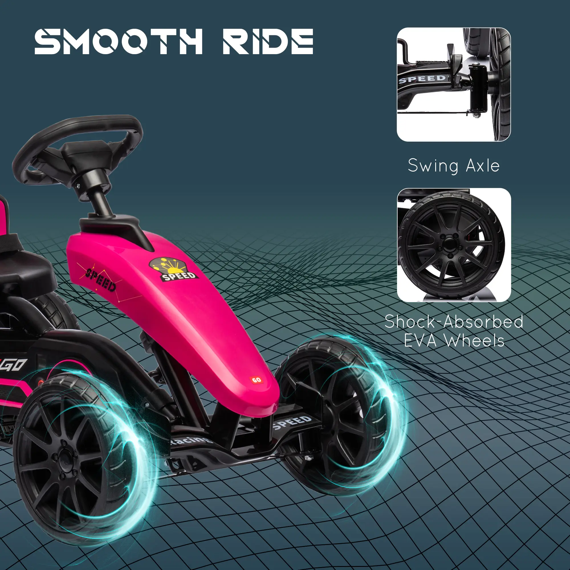 Kids Pedal Go Kart w/ Swing Axle, Shock-Absorbing Wheels, Pink