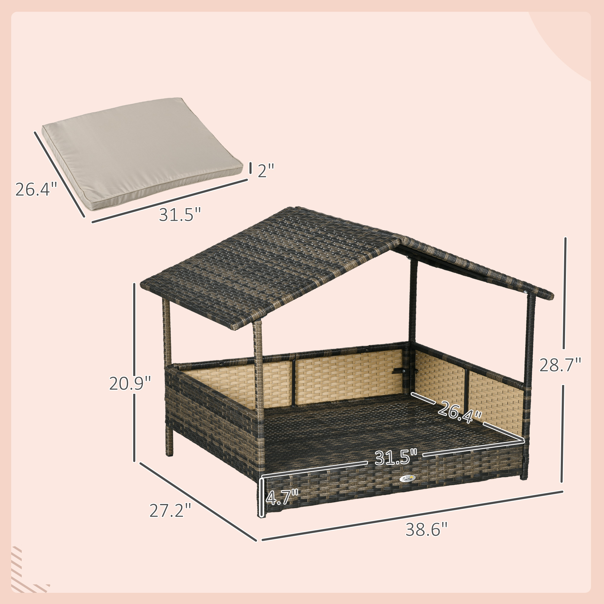  Wicker Dog House with Removable Cushion Lounge, Khaki