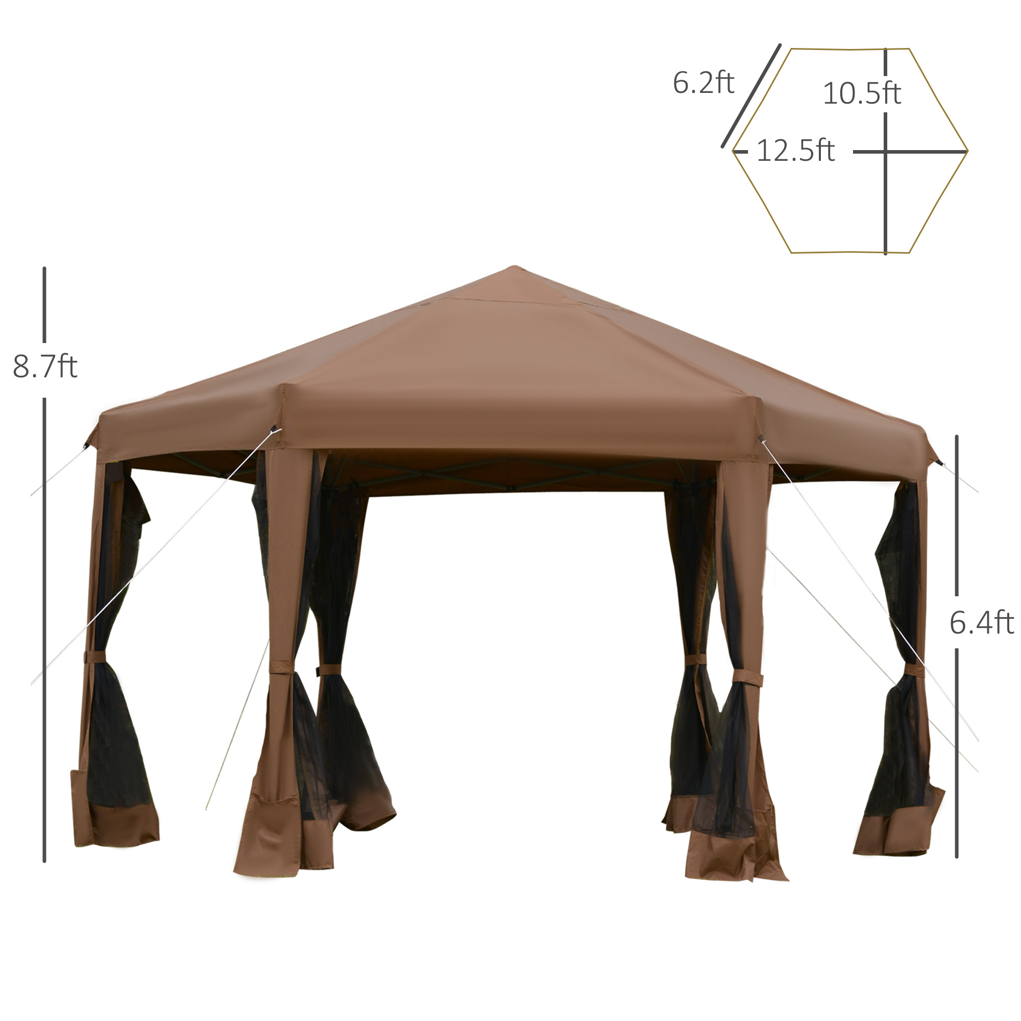 13′ x 11′ Hexagonal Pop Up Gazebo, Heavy Duty Outdoor Canopy Tent with 6 Mesh Sidewall Netting, 3-Level Adjustable Height and Strong Steel Frame, Brown