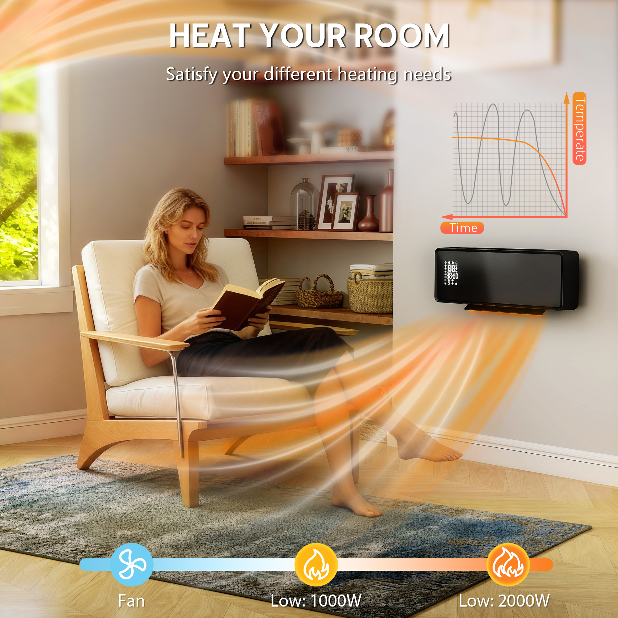 2000W Ceramic Electric Heater With Fan, Adjustable Thermostat, Wall Mounted — image 4