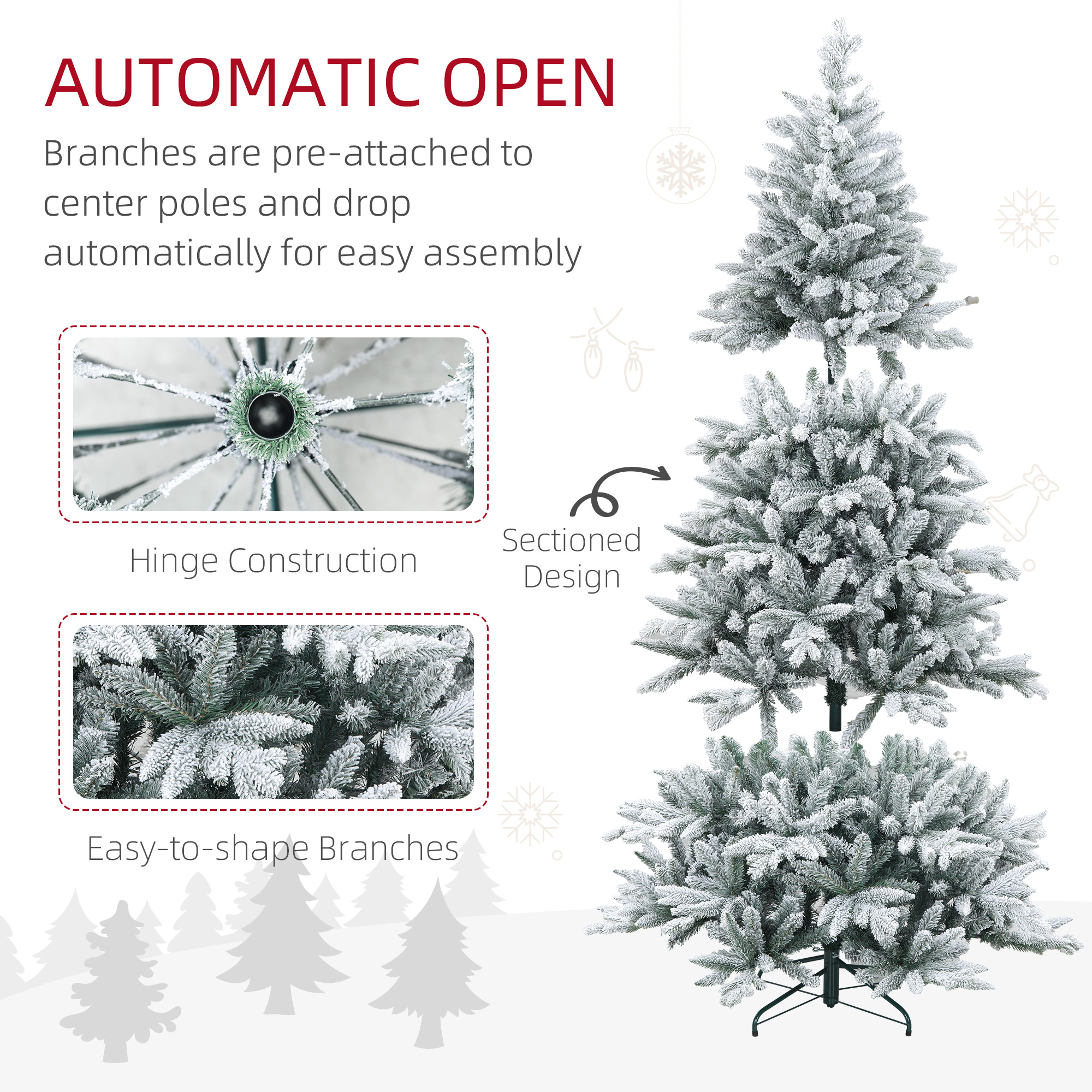  6ft Artificial Flocked Christmas Tree with Snow Tips, Easy Assembly, Hinged Xmas Tree for Home Office Holiday