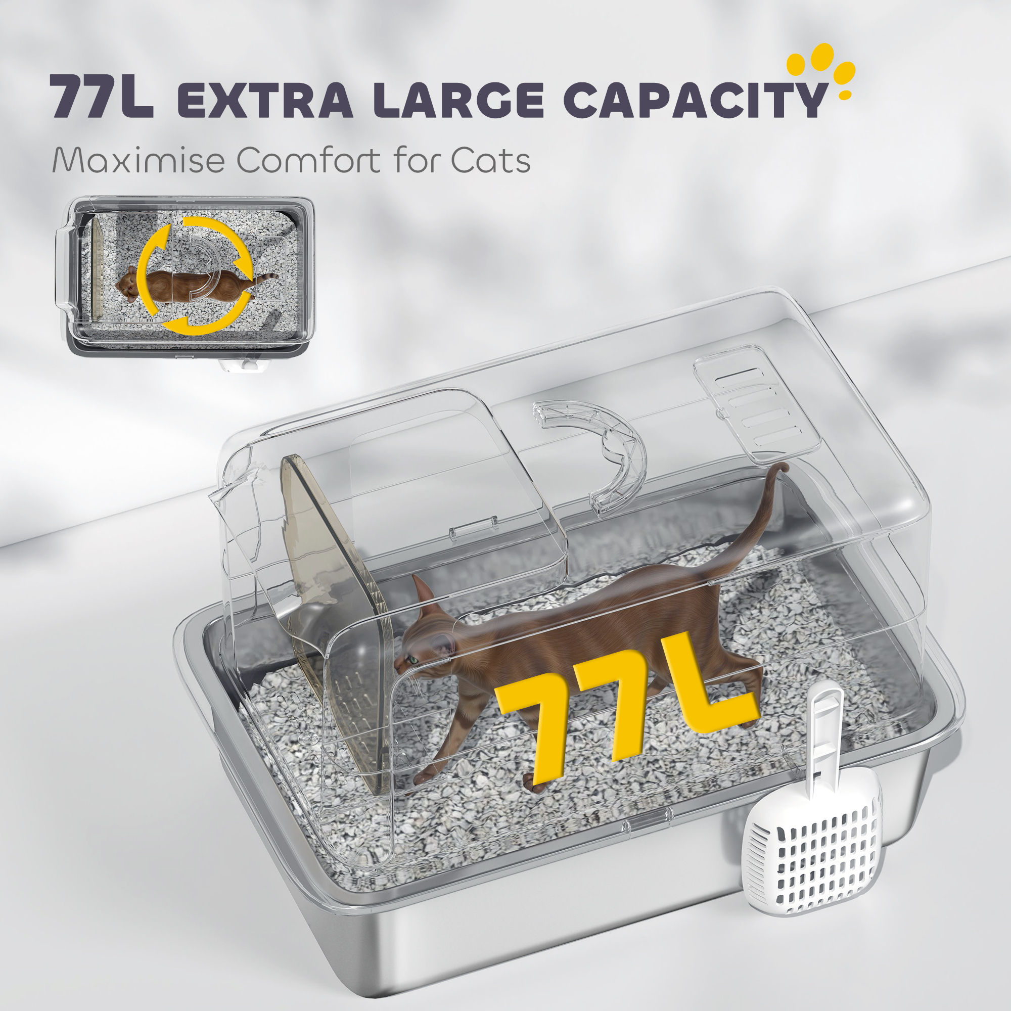  2 in 1 Stainless Steel Cat Litter Box with Removable Lid, Scoop, Filter Bags, for Small to Large Cats, White