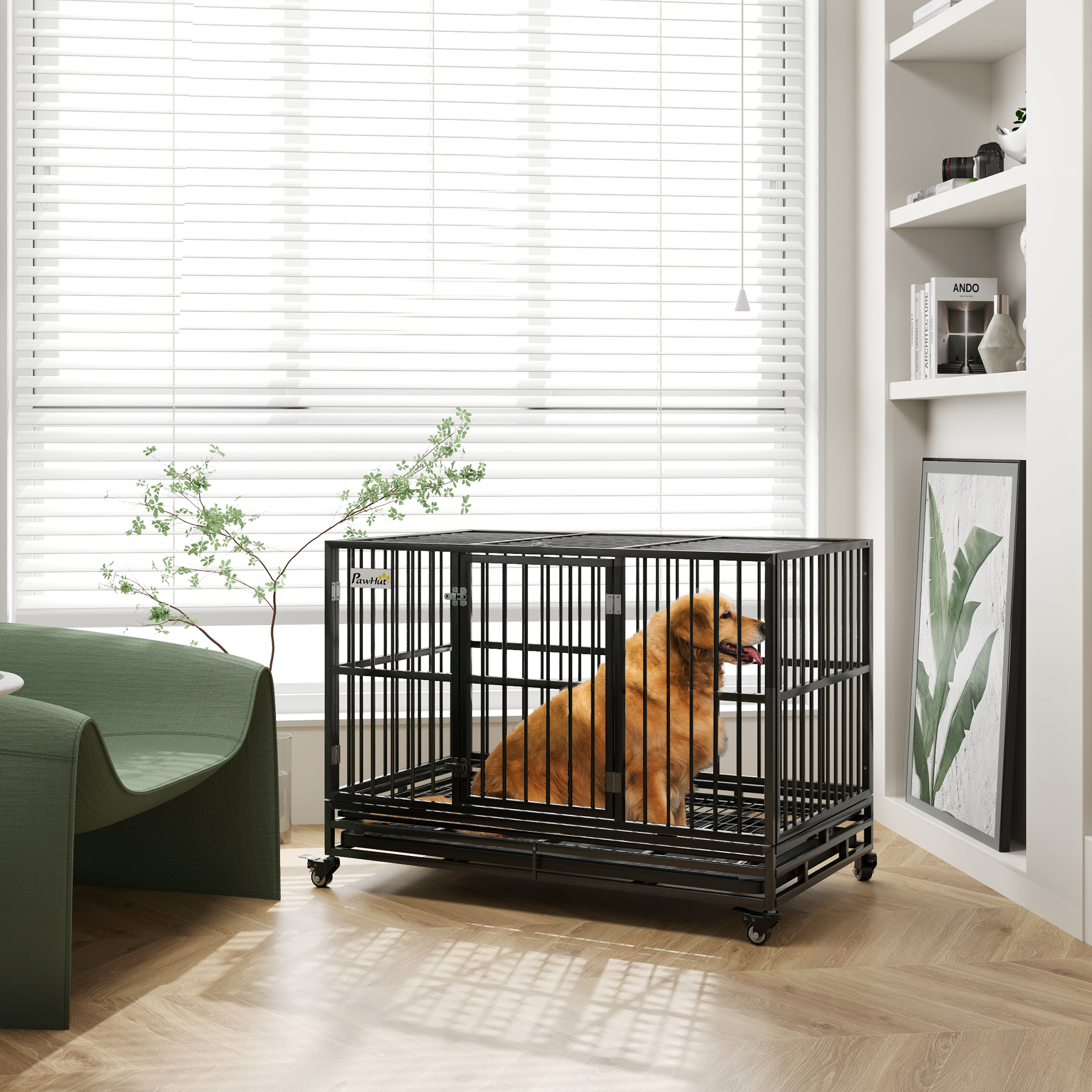  48" Heavy Duty Dog Crate Metal Cage Kennel with Lockable Wheels, Double Door and Removable Tray, gray