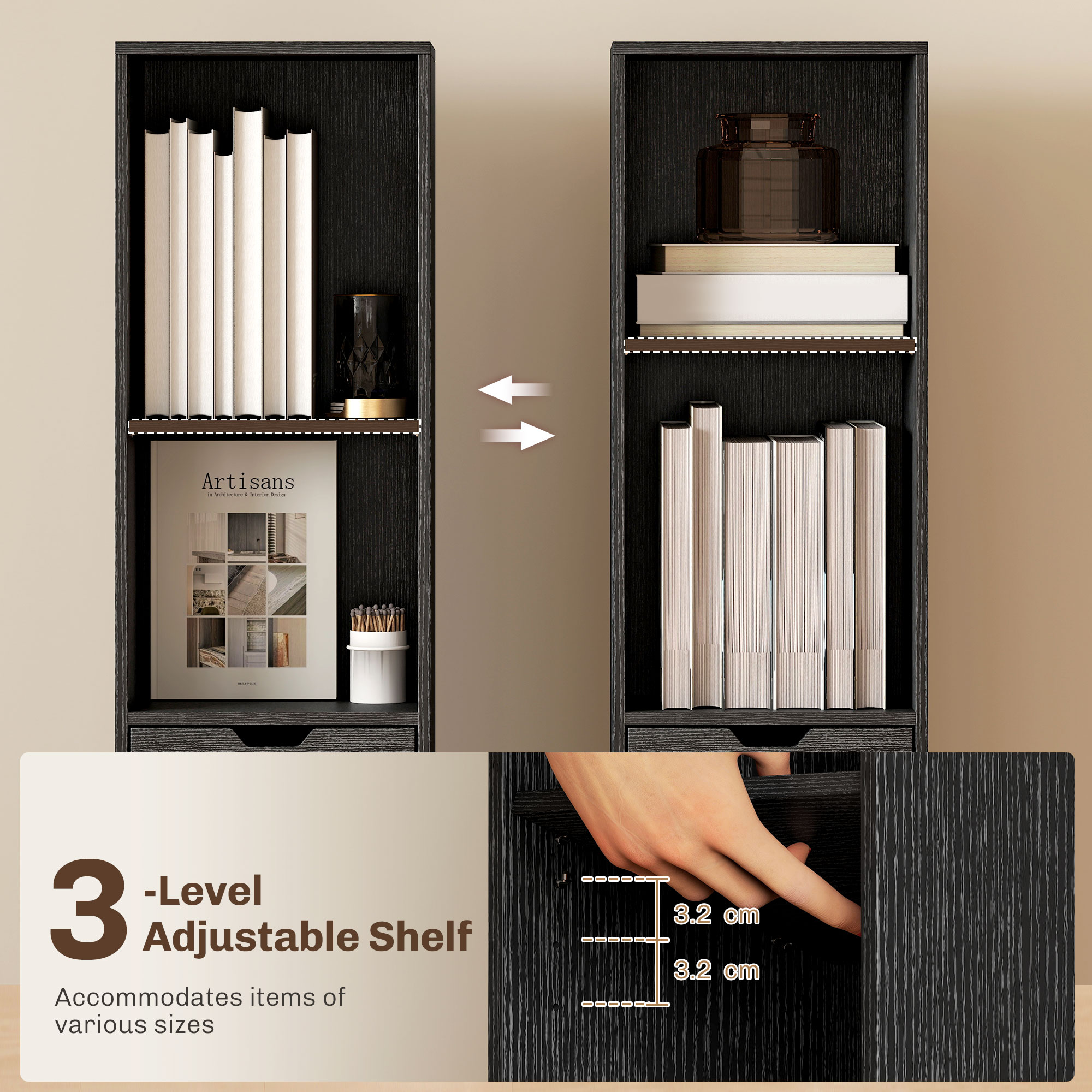 6-Tier Bookcase, Tall Narrow Bookshelf With Drawer And Door - Black — image 2