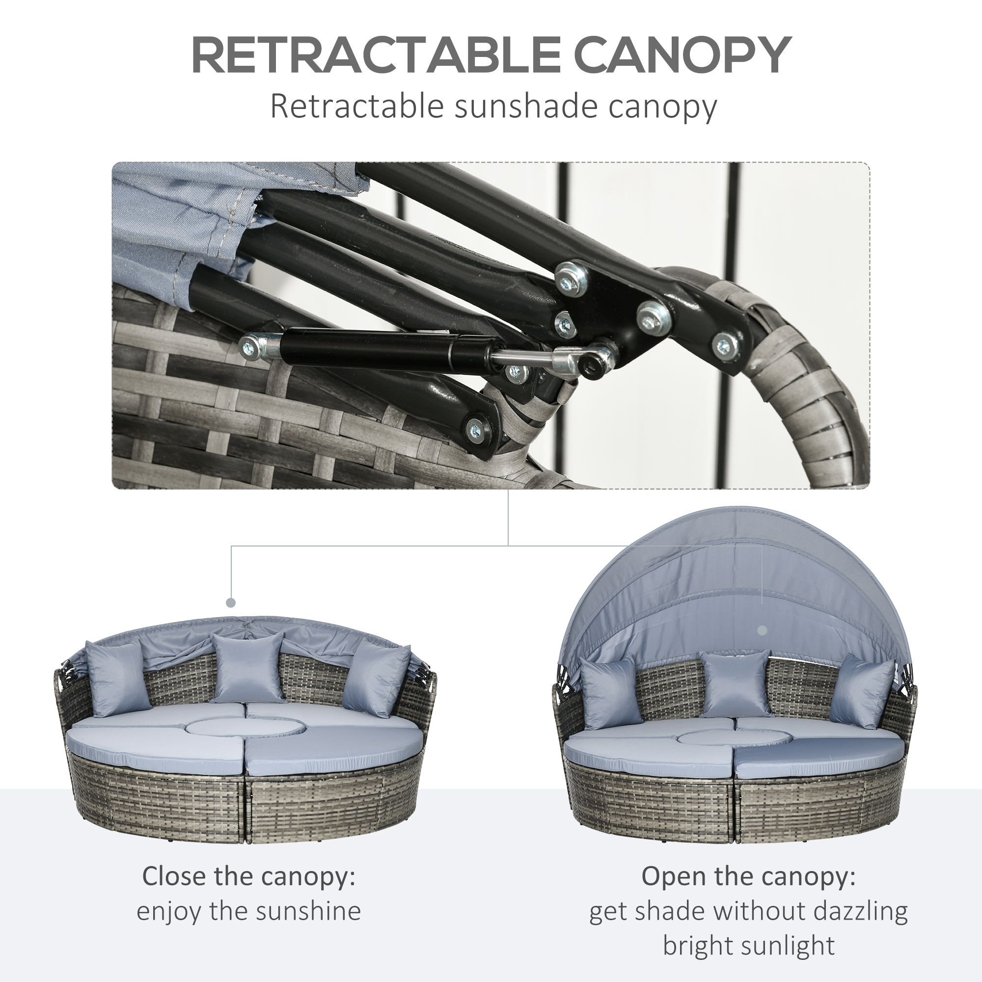  4 Piece Round Rattan Daybed, Convertible Patio Furniture Set, Adjustable Sun Canopy, Sectional Outdoor Sofa, 2 Chairs, Extending Tea Table Ottoman Chair, 3 Pillows, Light Gray