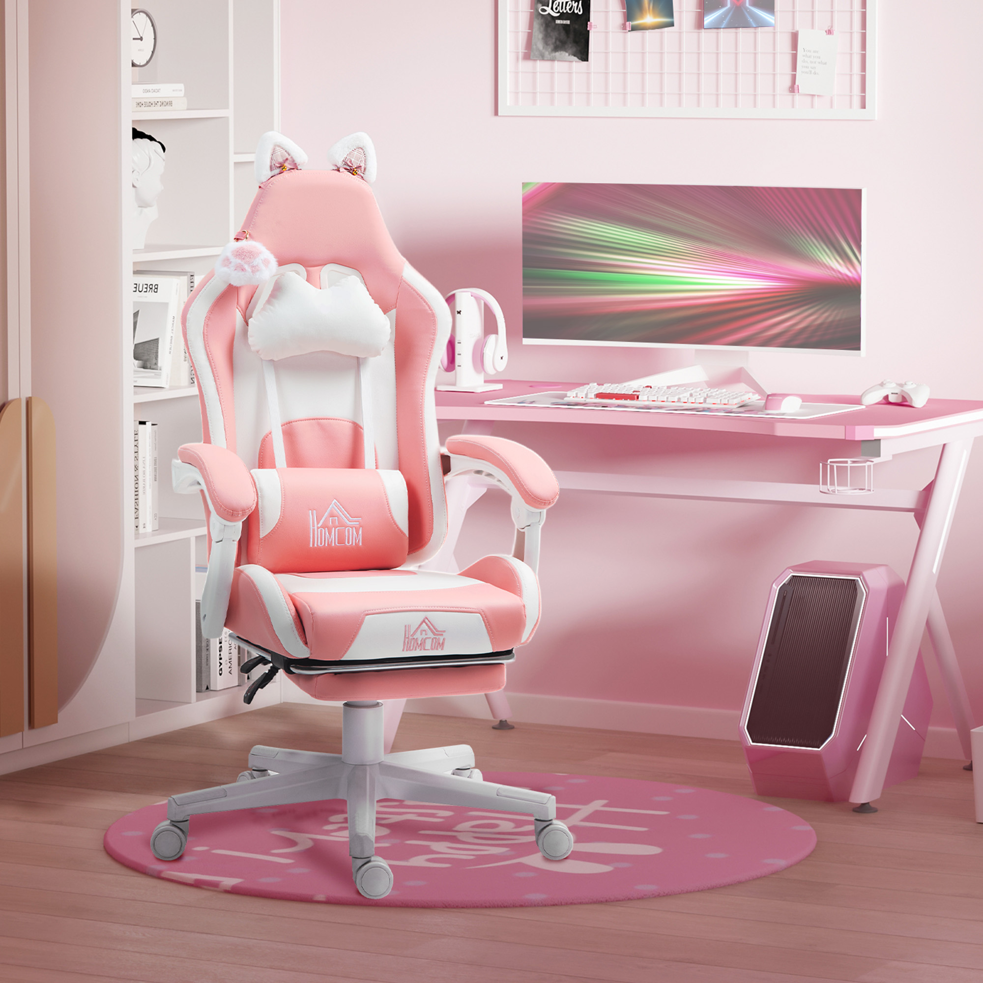 เก้าอี้เกมมิ่งสีชมพู เก้าอี้เหนือหนัง พร้อมที่วางเท้า