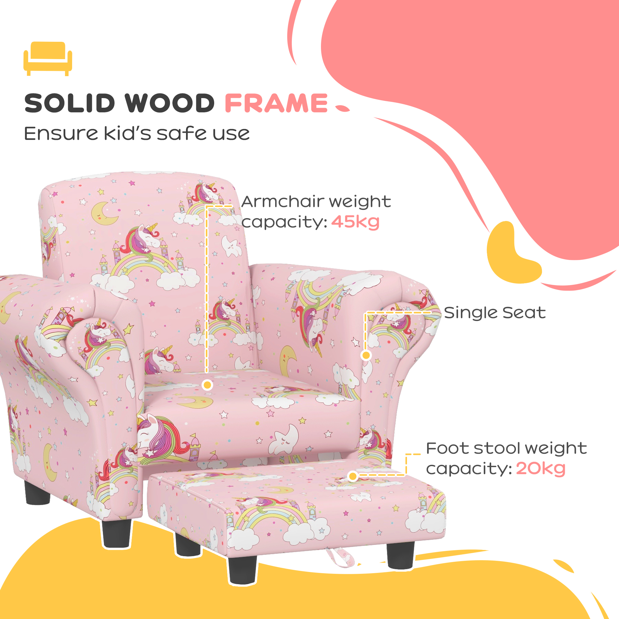 2 Piece Kids Sofa Set With Unicorn Design, Wooden Frame, For 1.5-3 Years Old — image 4