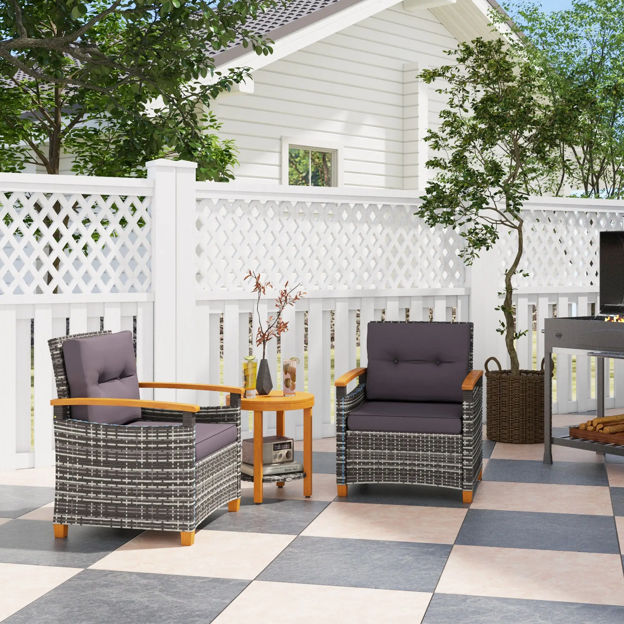 Outdoor Bistro Set Wicker Patio Furniture with Cushions for Porch, Backyard, Garden, Gray
