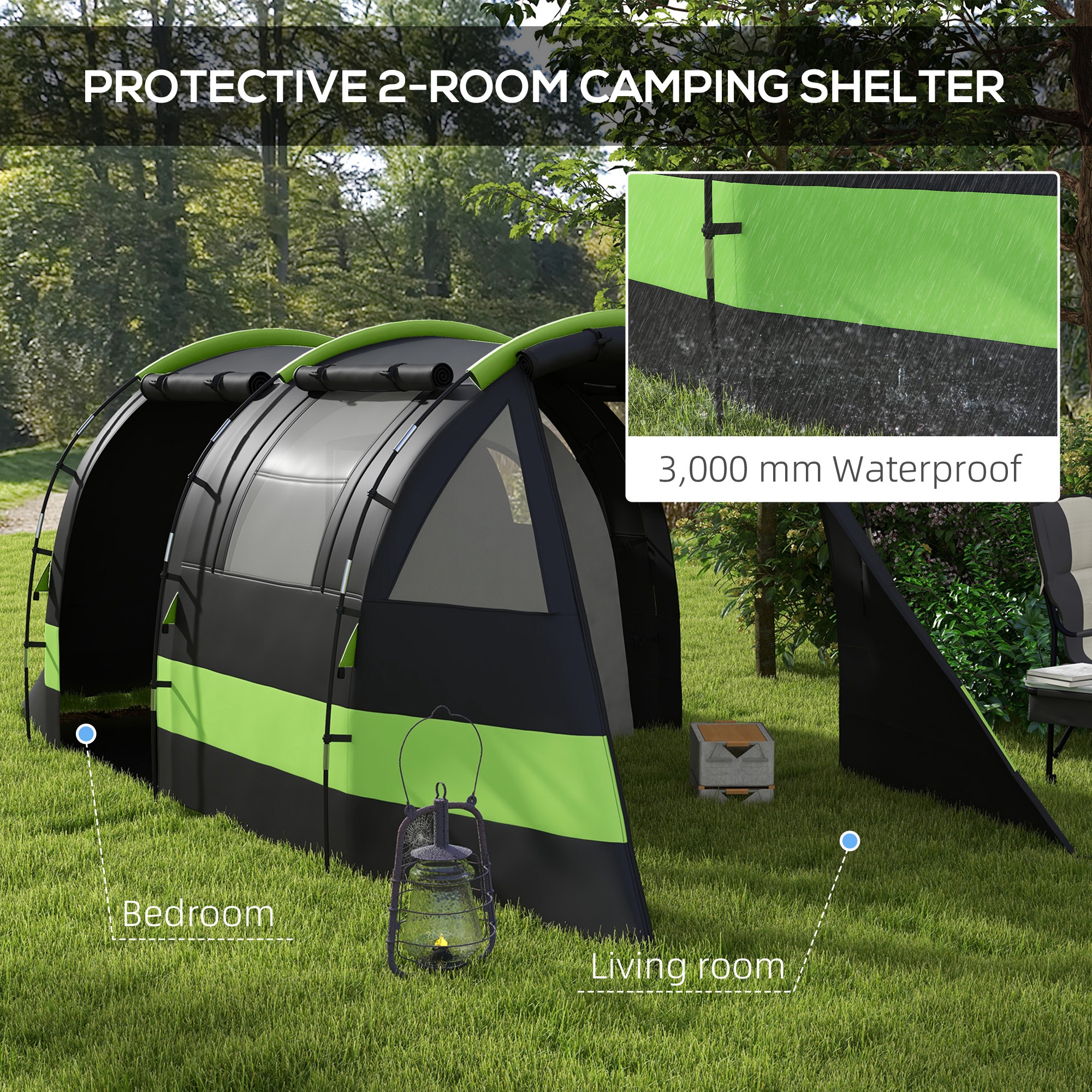 Four Man, Two Room Blackout Tent, With Accessories - Black
