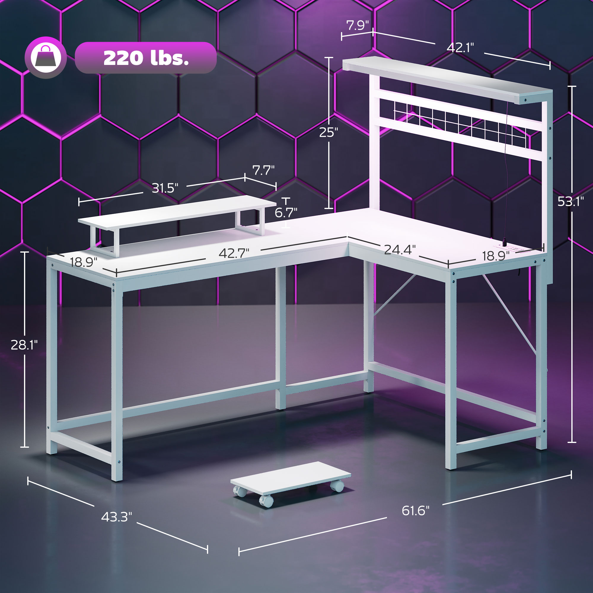 61.6" L Shaped Gaming Desk with Power Outlets & LED Lights, Computer Desk with Monitor Stand and CPU Shelf, White 4