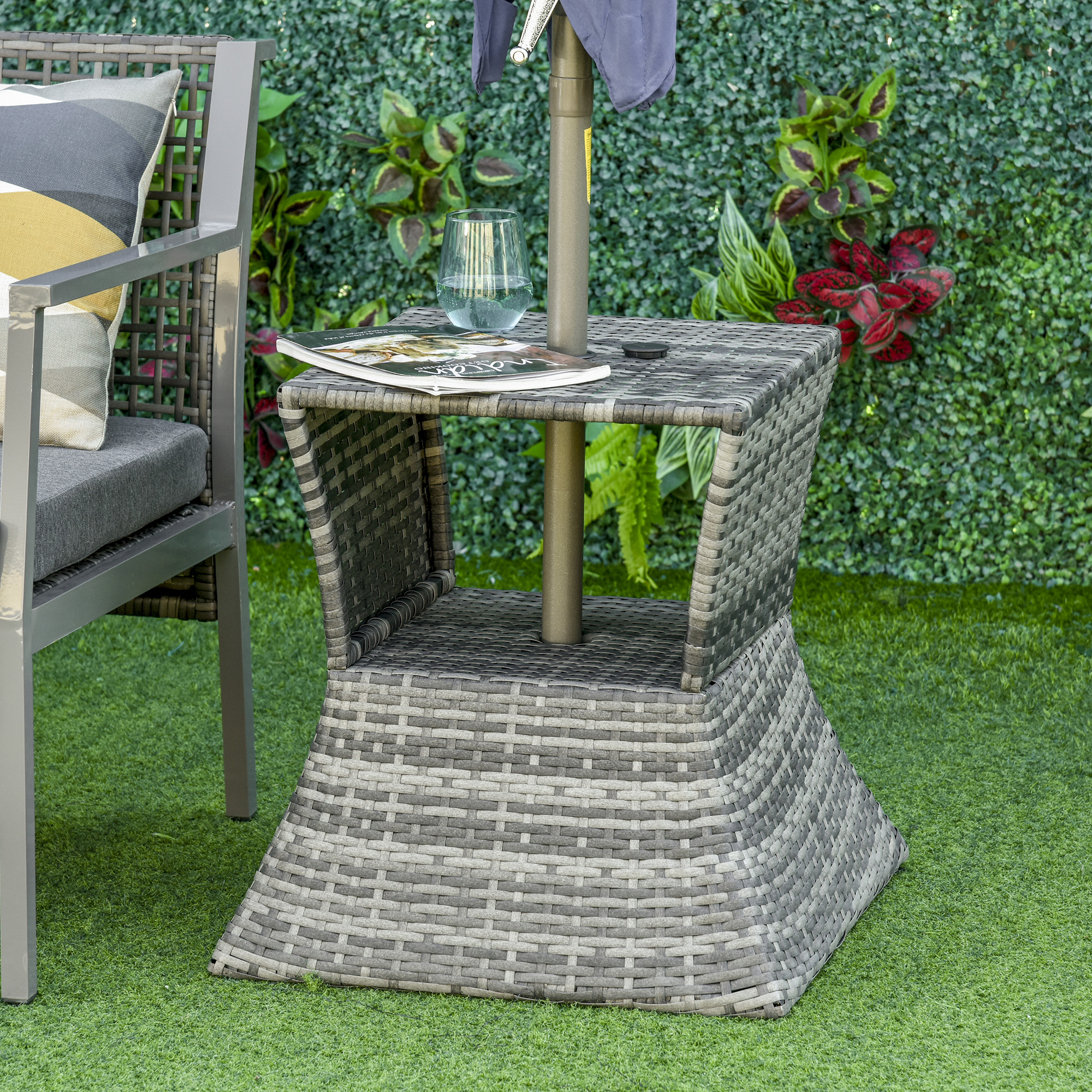 Outdoor Side Table with Umbrella Hole, 2 Tier Rattan Wicker End Table with Storage Shelf, All Weather for Outdoor, Patio, Garden, Backyard, Mixed Gray