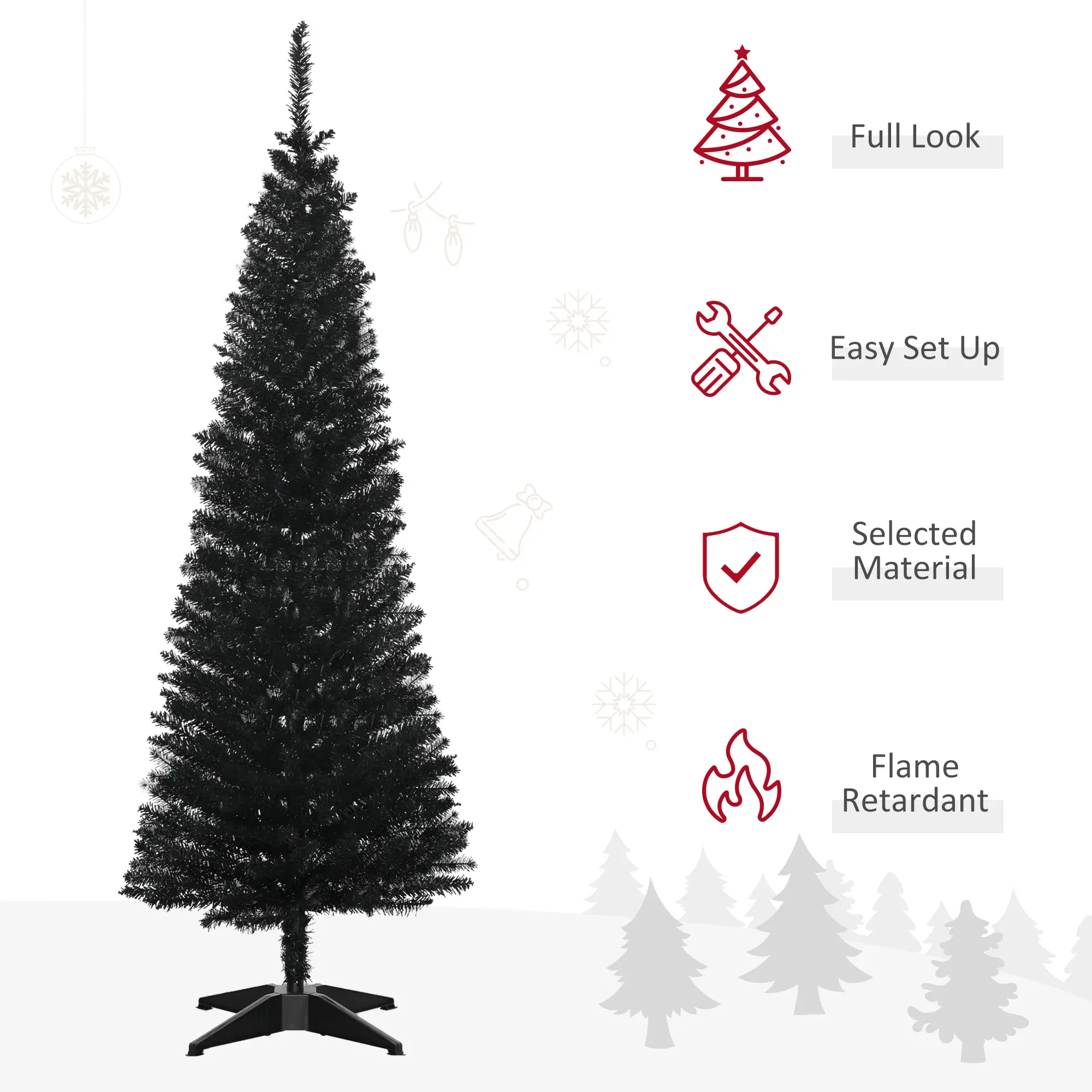 5 Artificial Pencil Christmas Tree, Slim Xmas Tree with 294 Realistic Branch Tips and Plastic Stand, Black
