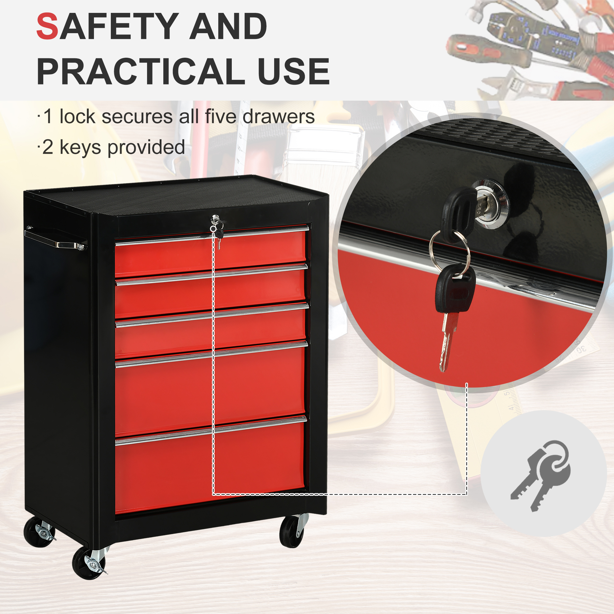 5-Drawer Tool Chest, Lockable Steel Storage Cabinet With Wheels And Handle Box — image 2
