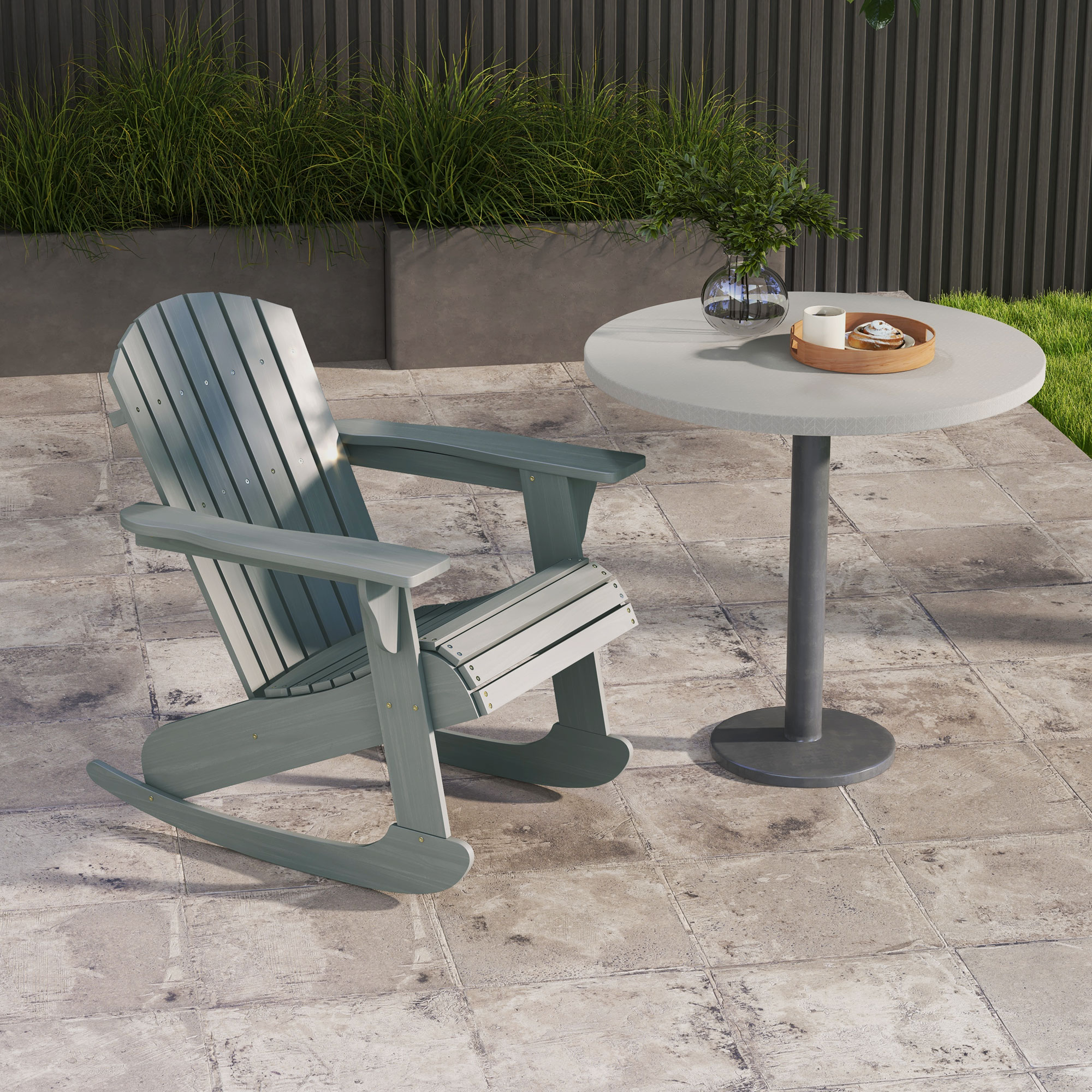 Wood Adirondack Outdoor Lounge Rocking Chair Fire Pit Seating with Slatted Wooden Design, Fanned Back, Gray