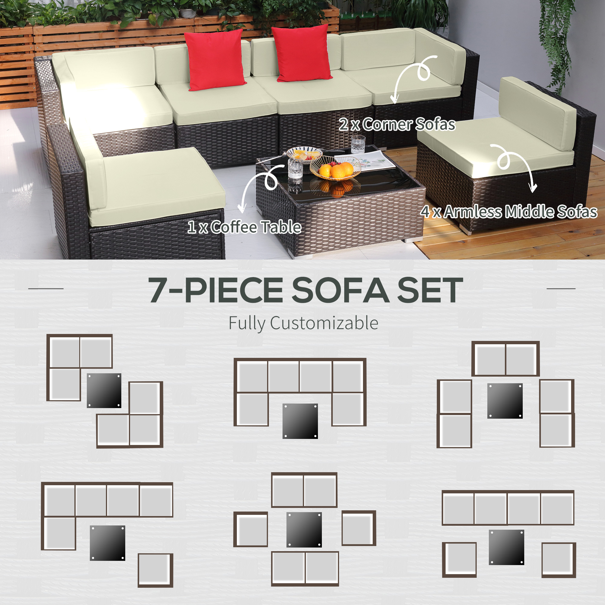 7 Piece Outdoor Patio Sofa Set with Cushions, All Weather PE Rattan, 29.5″ Sofa Section, Glass Top Coffee Table for Outdoor Living, Beige