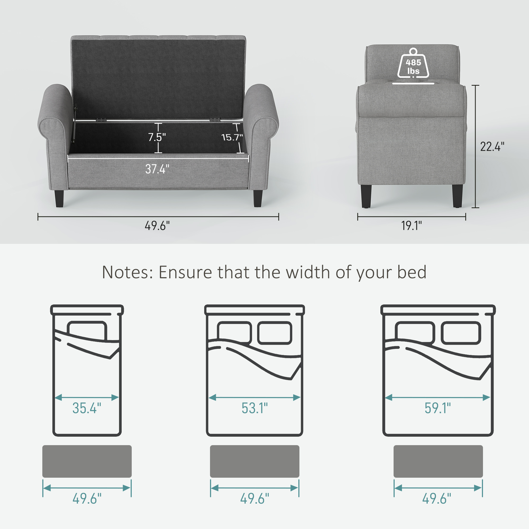 50 Inches Storage Ottoman, End of Bed Bench with Rolled Arms, Wood Legs, Button Tufted Storage Bench… image 2