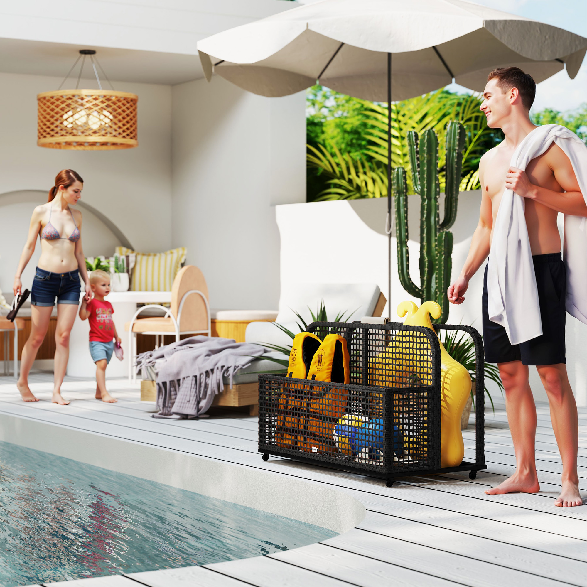  Pool Float Storage, Pool Caddy, with Wheels, 43.25" L x 22.5" W x 28" H, Dark Gray