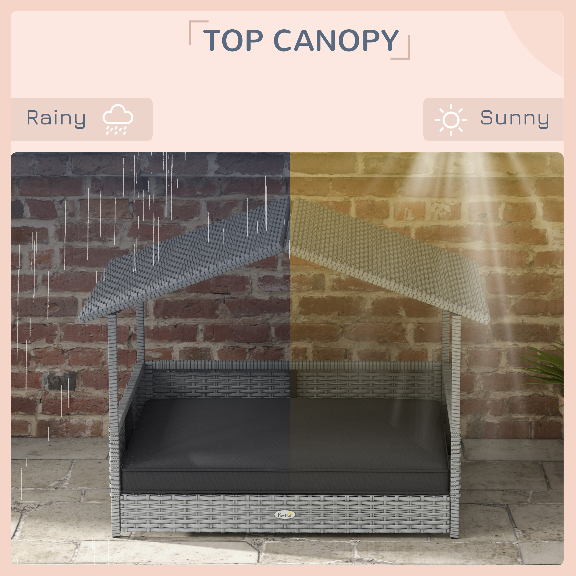 Wicker Dog House Outdoor with Canopy, Rattan Dog Bed with Water-resistant Cushion, Raised Pet Bed for Small, Medium Breeds up to 66 lbs, 20" in Length, Silver Wicker, Gray Cushion