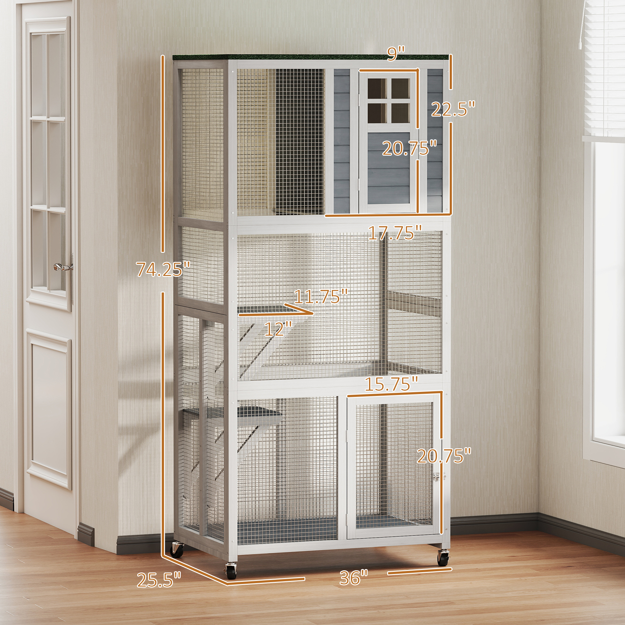  74" Wooden Catio Outdoor Cat Enclosure Weatherproof & Wheeled, Outside Cat House with High Weight Capacity, Kitten Cage Condo, White