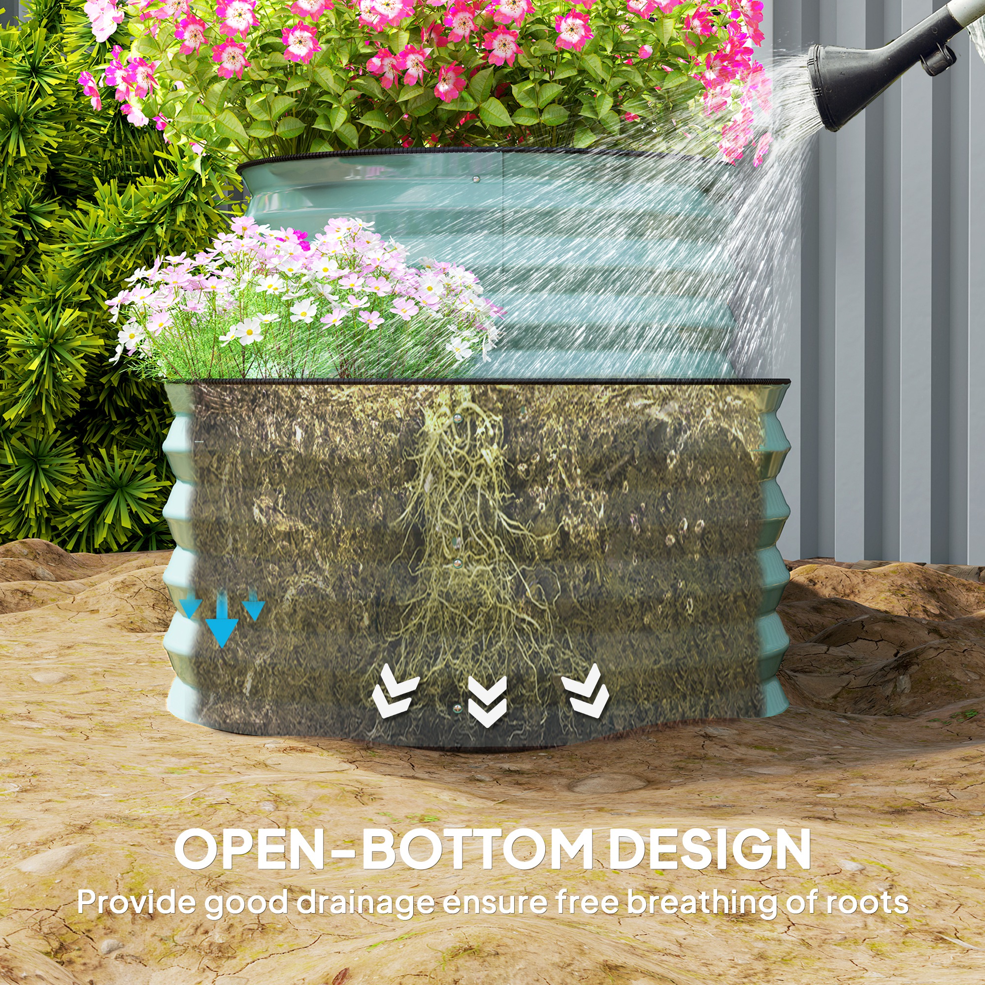 Close-up of galvanized steel planter tiers showing drainage and soil depth