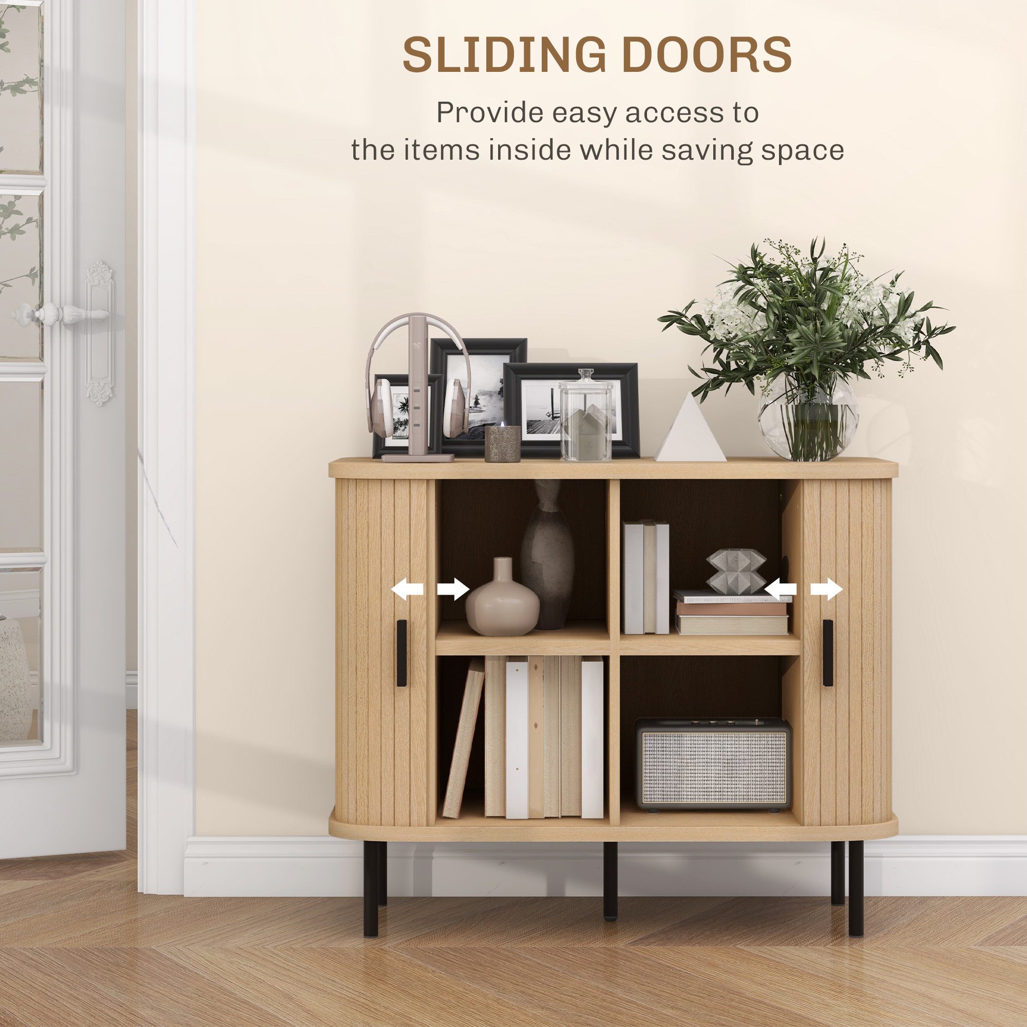 Mid-Century Modern Sideboard Storage Cabinet With Slatted Tambour Sliding