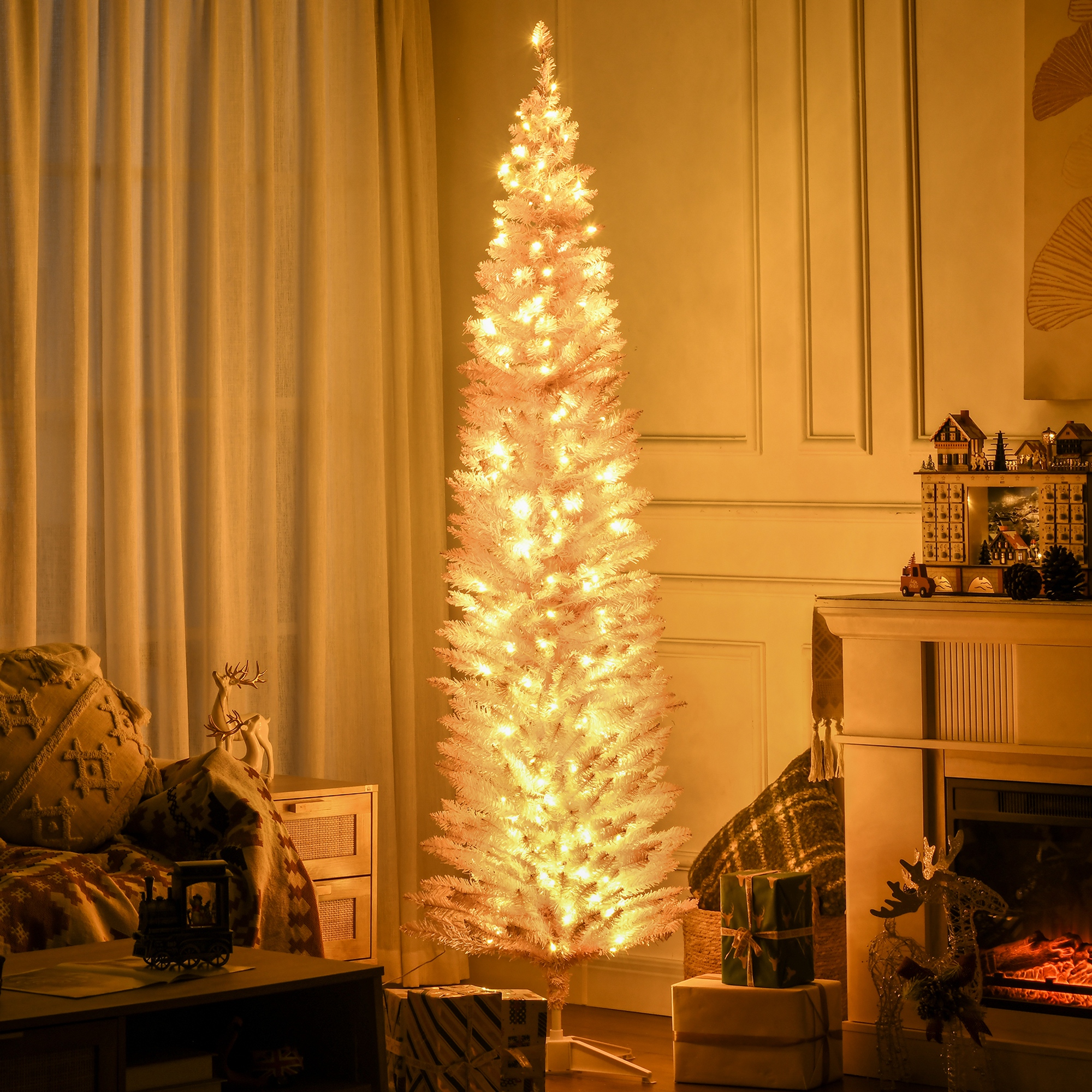 7ft Pencil Christmas Tree, Slim Artificial Christmas Tree with Realistic Branches and Warm White LED Lights, P
