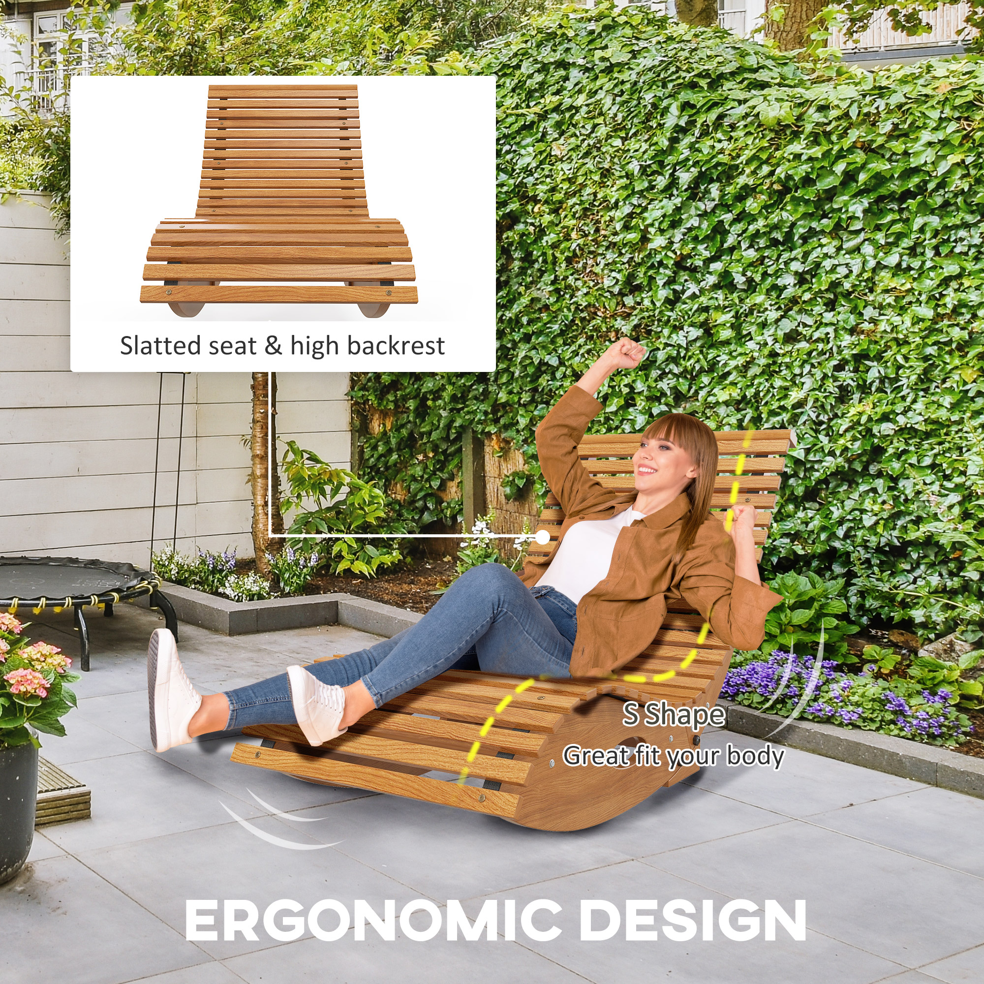 Outdoor Rocking Chair w/ Slatted Seat, Wooden Rocking Chair, 51.25″ x 23.5″ x 23.5″, Teak