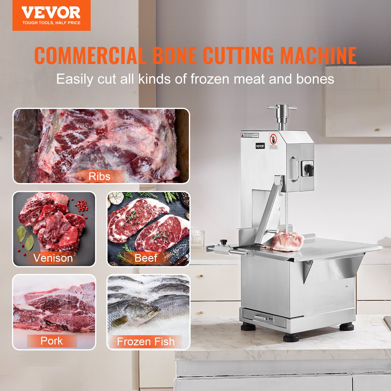 Kommerzielle Fleischknochen Sägemaschine 2200 W, 1000 Kg/h Knochenschneidemaschine Gefrorene Fleisch Knochen Schneidemaschine, 0-180 Mm Einstellbare Dicke Knochensäge 470 X 530 Mm Arbeitstisch