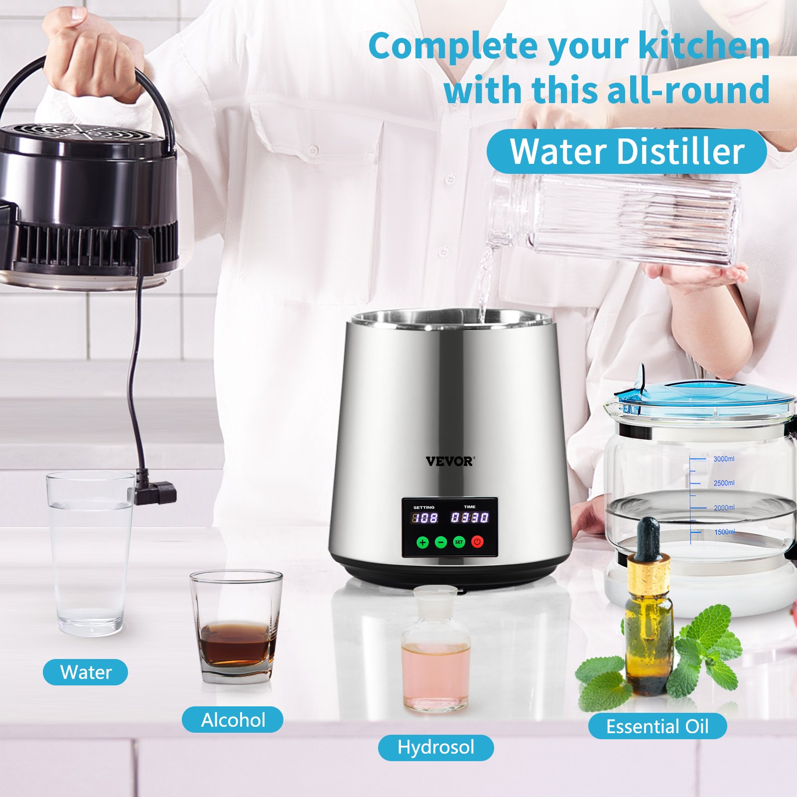 Wasser Destillierer 1L / H Haushalt Silber Wasserdestilliergerät Destilliertes Wasser Herstellen 750 W, Doppelter Bildschirm Edelstahl Distilleranlage Mit Glaskanne Reinwasser Destilieren