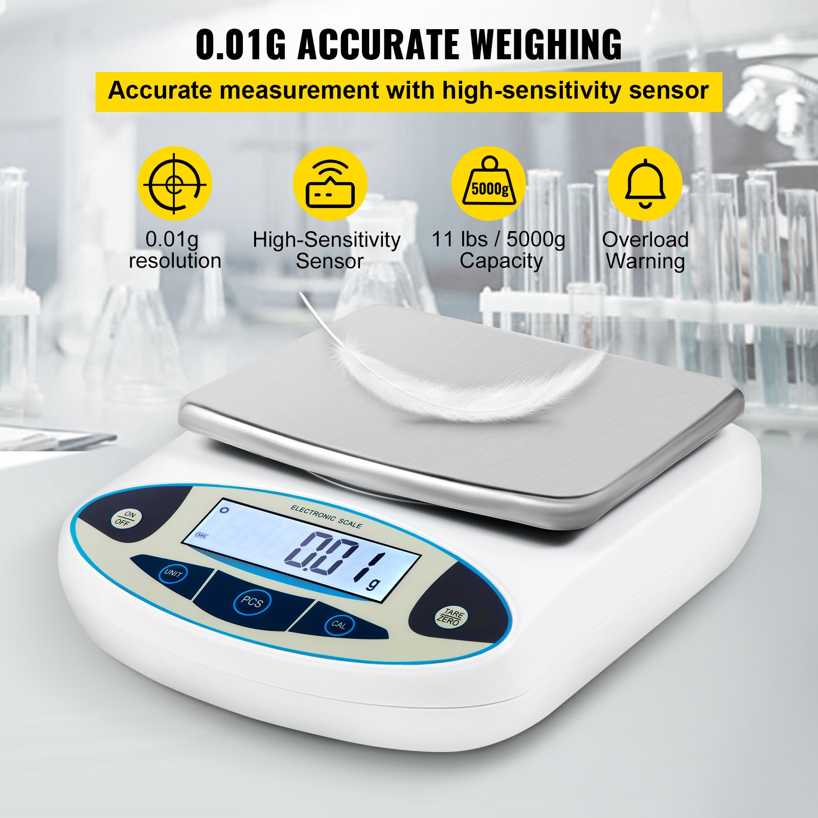 Hochpräzise digitale Waage – Elektronische Laborwaage 5000 g/0,01 g mit vielfältigen Funktionen, Edelstahl- und ABS-Material, stabil_voghion.com