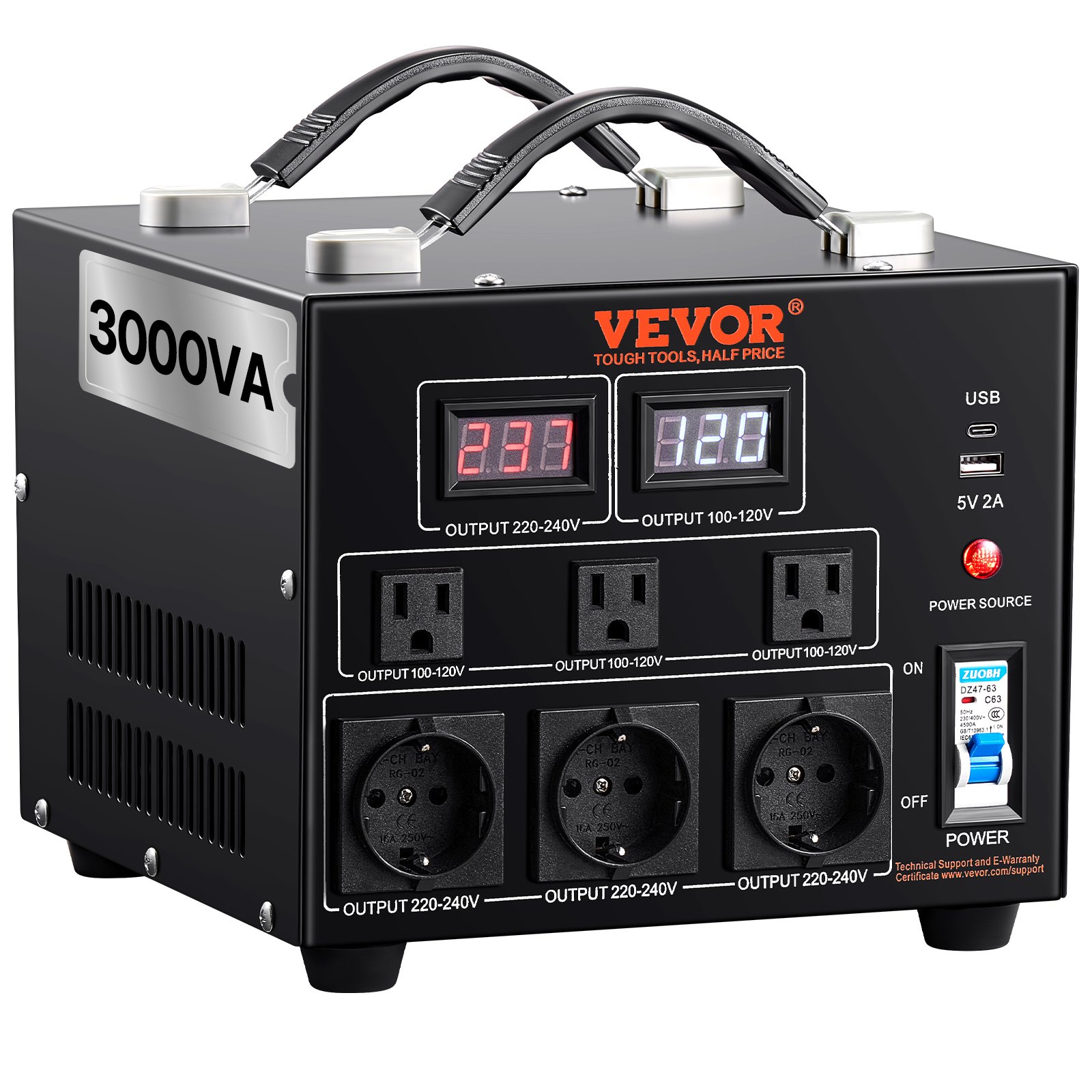 3000W Spannungswandler Transformator AC 110V⇋220V Transformer Wandler 3 US NEMA 5-15R 3-polige Ausgangssteckdosen, 3 Europäische Shucko-Ausgangssteckdosen, 1 USB-Buchse Und 1 Typ-C-Buchse