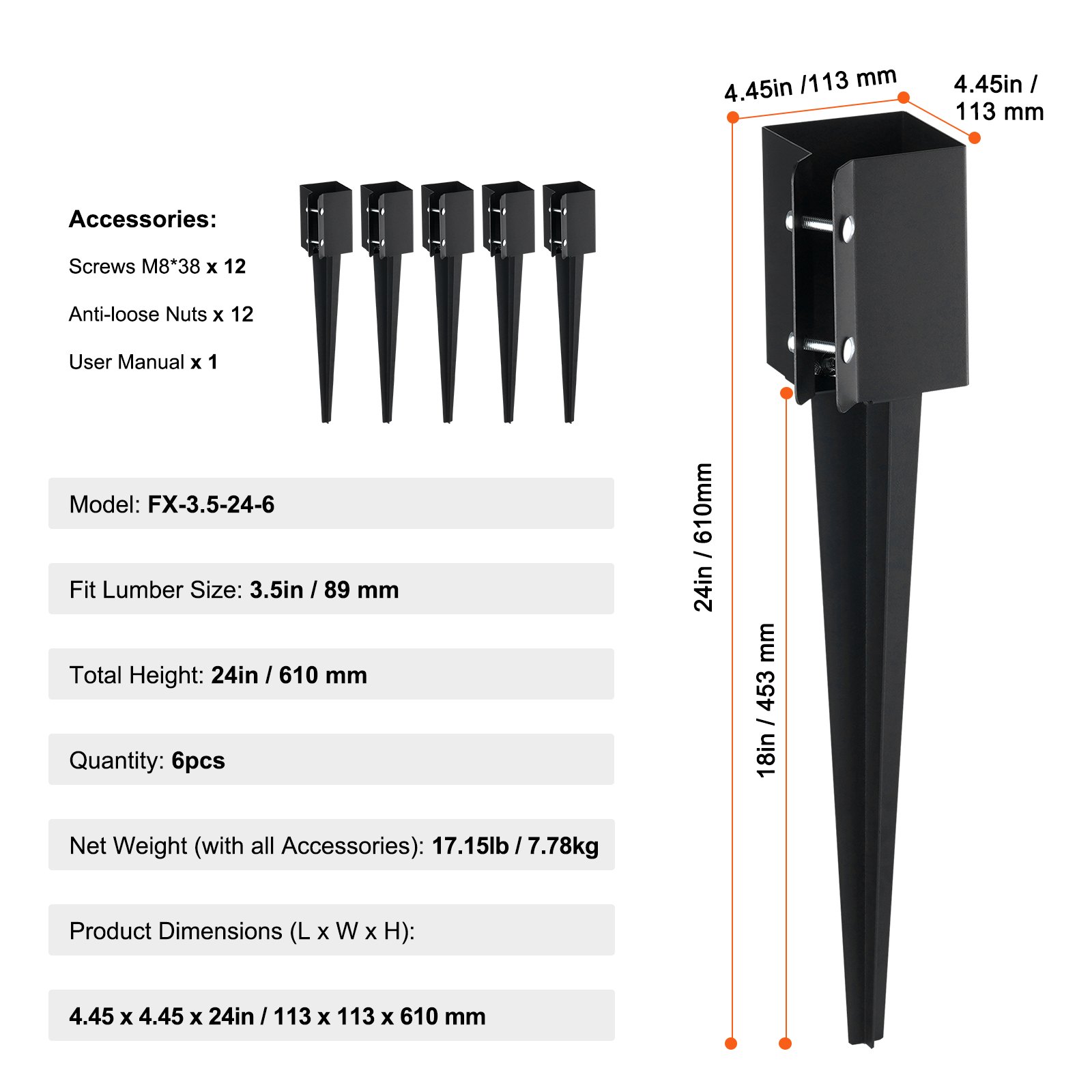 Ground Anchor For Fence Posts Black Powder Coated 6 Pack_voghion.com