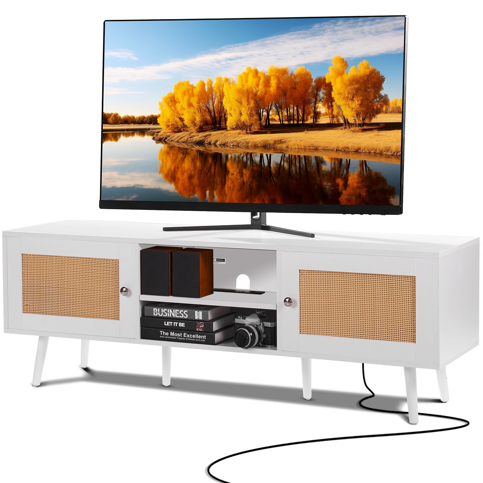 TV-Ständer aus Rattan – Boho-TV-Schrank mit Rattantür, integrierter Steckdose und USB-Anschlüssen, moderne TV-Konsole für Wohnzimmer und Medienraum_voghion.com