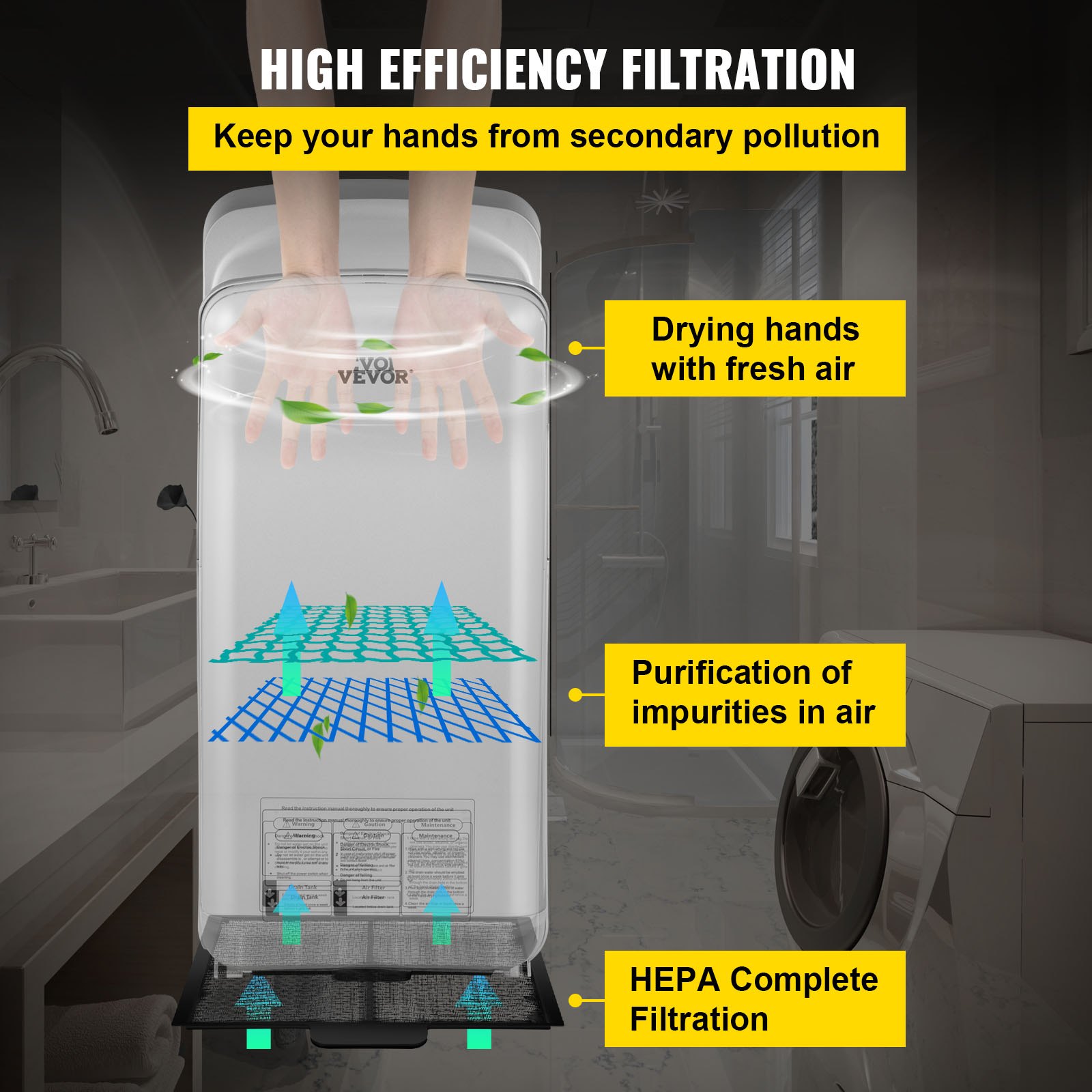 Händetrockner 2kW Kommerzieller Elektrischer Händetrockner HEPA-Filter Wandhandtrockner Luftgeschwindigkeit 100m/s Händeföhn 8 -10 Sekunden Zum Trocknen Silber Für Flughäfen Büros Schulen Usw.