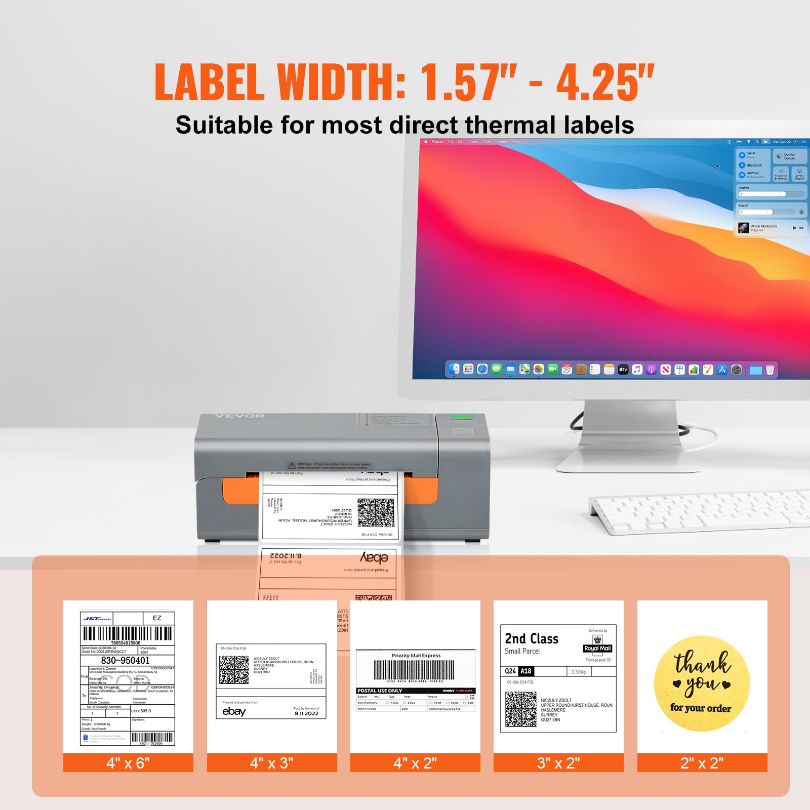 VEVOR Thermodrucker für Etiketten, 40–108 mm, 203 dpi, 150 mm/s, automatische Etikettenerkennung, USB, für Windows, Mac OS, Linux, Chromebook_voghion.com