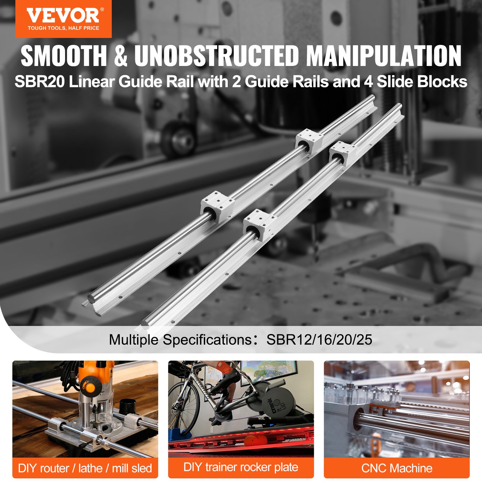 VEVOR Linearführungsschiene – 2 Stück SBR20-1200 mm Kohlenstoffstahl mit Aluminium, Linearlagerblock für CNC-Teile, 3D-Drucker, Fräs-/Drehmaschinen_voghion.com