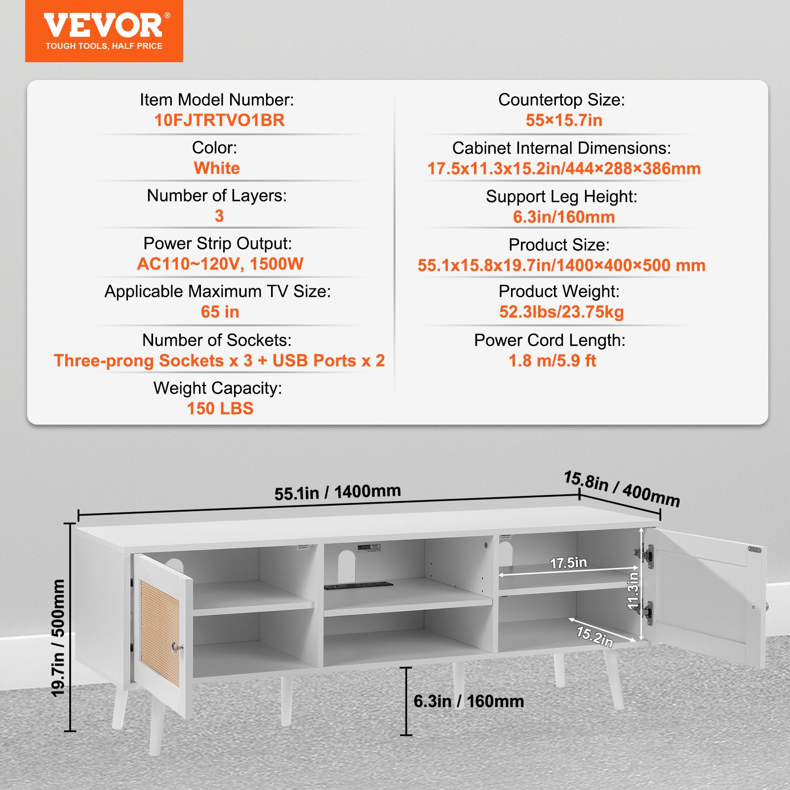 TV-Ständer aus Rattan – Boho-TV-Schrank mit Rattantür, integrierter Steckdose und USB-Anschlüssen, moderne TV-Konsole für Wohnzimmer und Medienraum_voghion.com